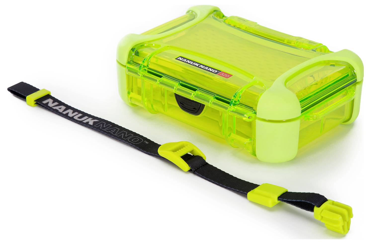 Grüne, transparente Schutzhülle mit schwarzem Riemen. Enthält einen gelben Verschluss und ist als robustes Etui gekennzeichnet.