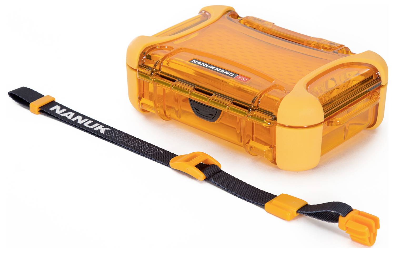 Eine orangefarbene, robuste Schutzbox mit Schnappverschluss. Neben der Box liegt ein schwarzer, verstellbarer Gurt zur Befestigung.