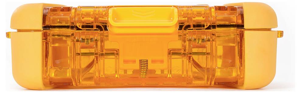 Transparentes, orangenes Gehäuse eines elektronischen Geräts mit Federn und Kontakten im Inneren, frontal sichtbar.