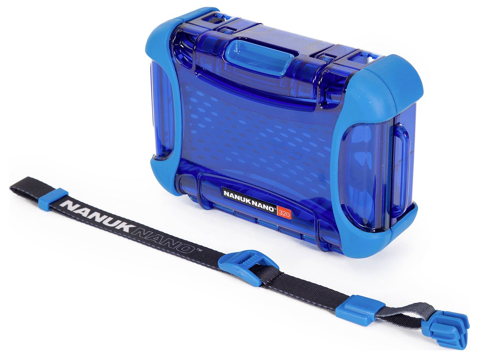 Blaues, rechteckiges Nanuk Nano 330 Schutzetui aus Kunststoff mit passendem Riemen, designed für den Schutz kleiner Gegenstände.