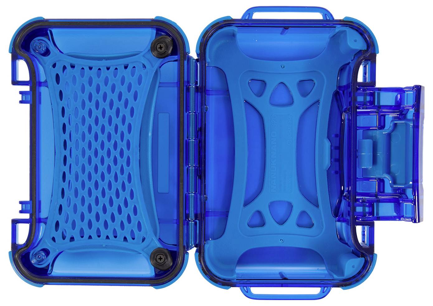 Ein blauer, geöffneter Koffer mit transparentem Deckel und strukturiertem Innenraum, geeignet für die Aufbewahrung kleiner Gegenstände.