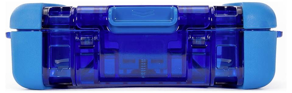 Transparente, blaue Kunststoffbox mit Clips an den Seiten, geeignet zur Aufbewahrung kleiner Gegenstände.