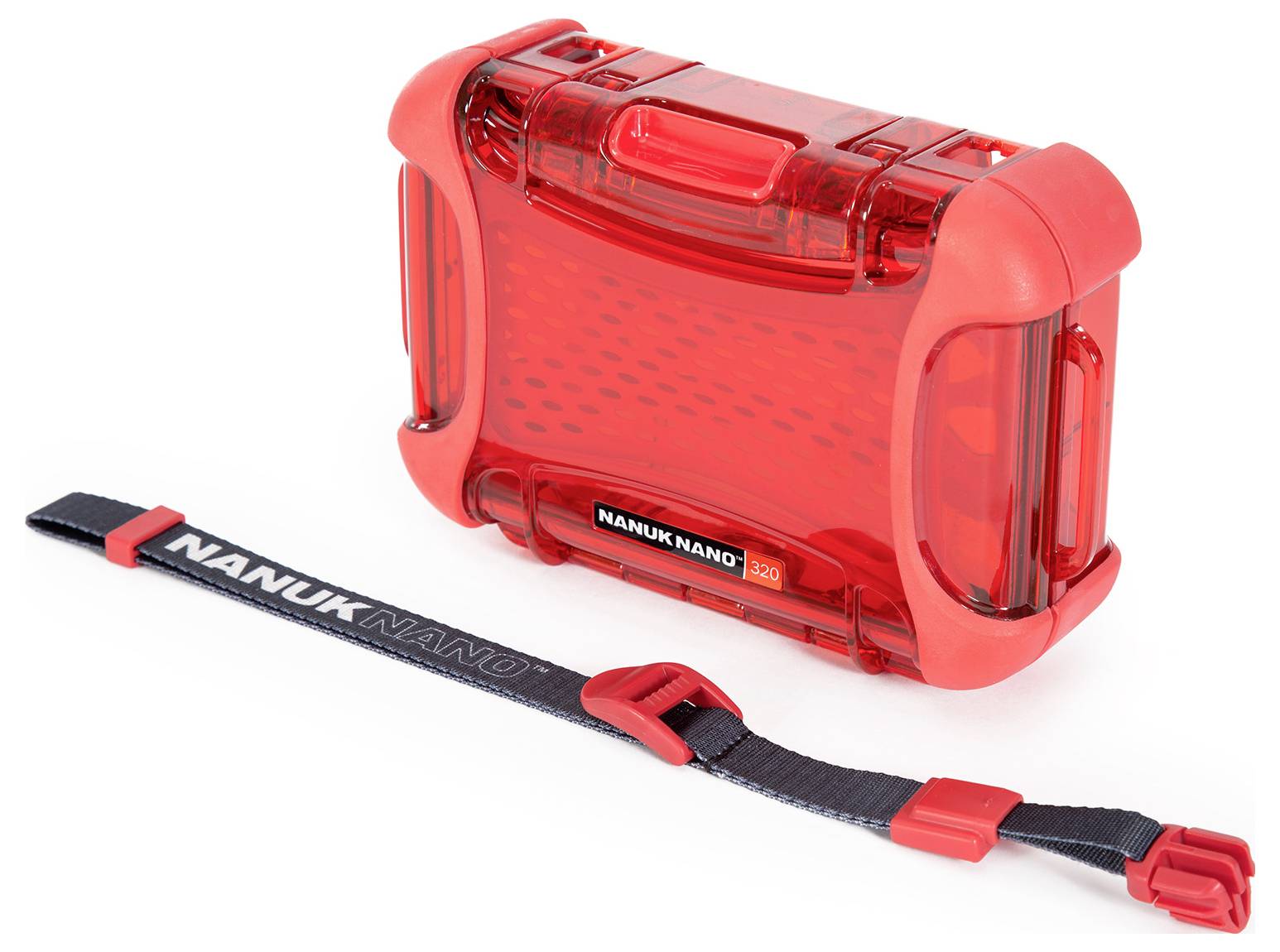 Roter, transparenter Schutzkoffer der Marke Nanuk Nano 320, mit schwarzem, abnehmbarem Riemen.