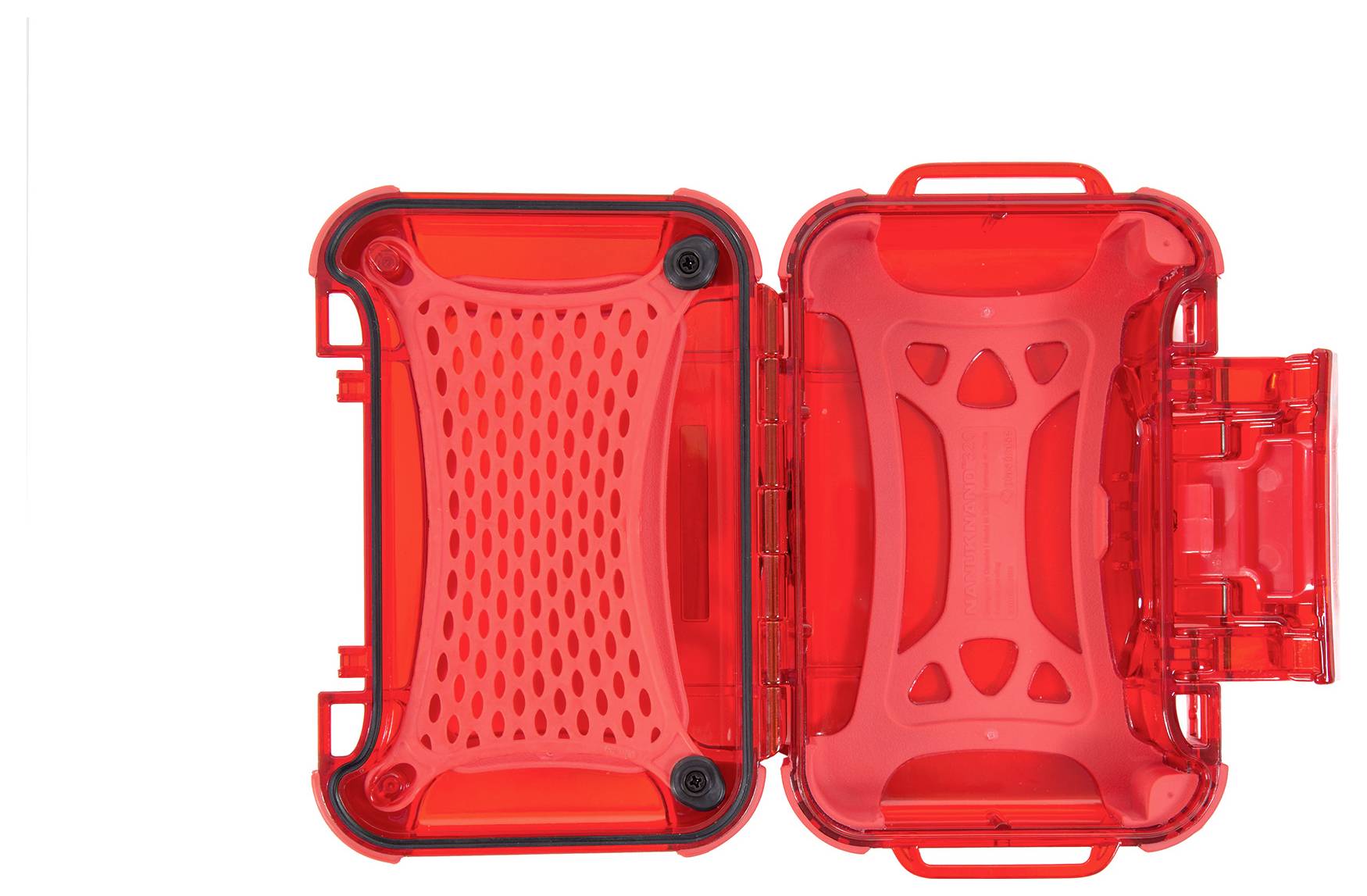 Rote Kunststoffbox geöffnet, innen Mesh-Muster. Geeignet für elektronisches Zubehör oder persönliche Gegenstände.