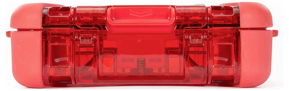Wiederaufladbare rote Plastikbox mit transparentem Deckel und robustem Design, geeignet zur sicheren Aufbewahrung kleinerer Gegenstände.