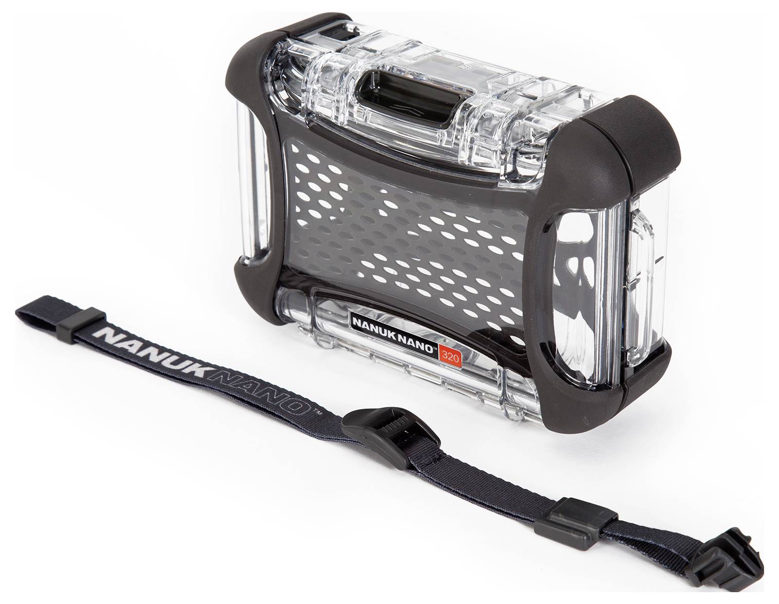 Durchsichtige Schutzbox aus Kunststoff mit schwarzem Rand und 'Nanuk Nano'-Logo. Daneben liegt ein abnehmbares, schwarzes Trageband.