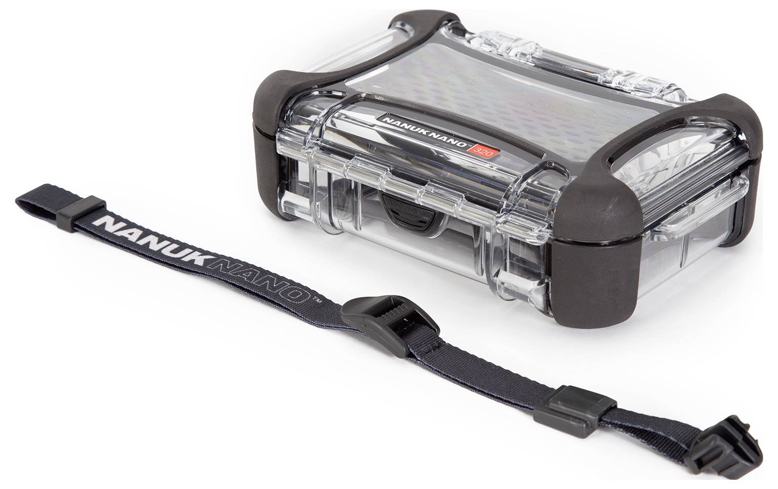 Transparente, robuste Schutzhülle mit schwarzem Rand, Markenlogo auf der Oberseite. Daneben liegt ein verstellbares Armband.