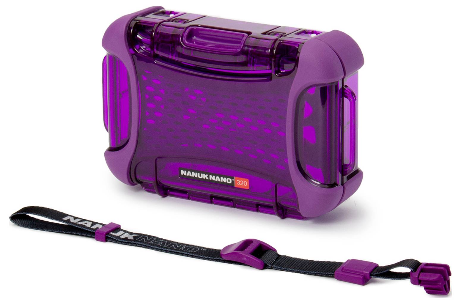 Lila Nanuk-Nano-Schutzhülle mit grauem Band, geeignet für den sicheren Transport kleiner Gegenstände.