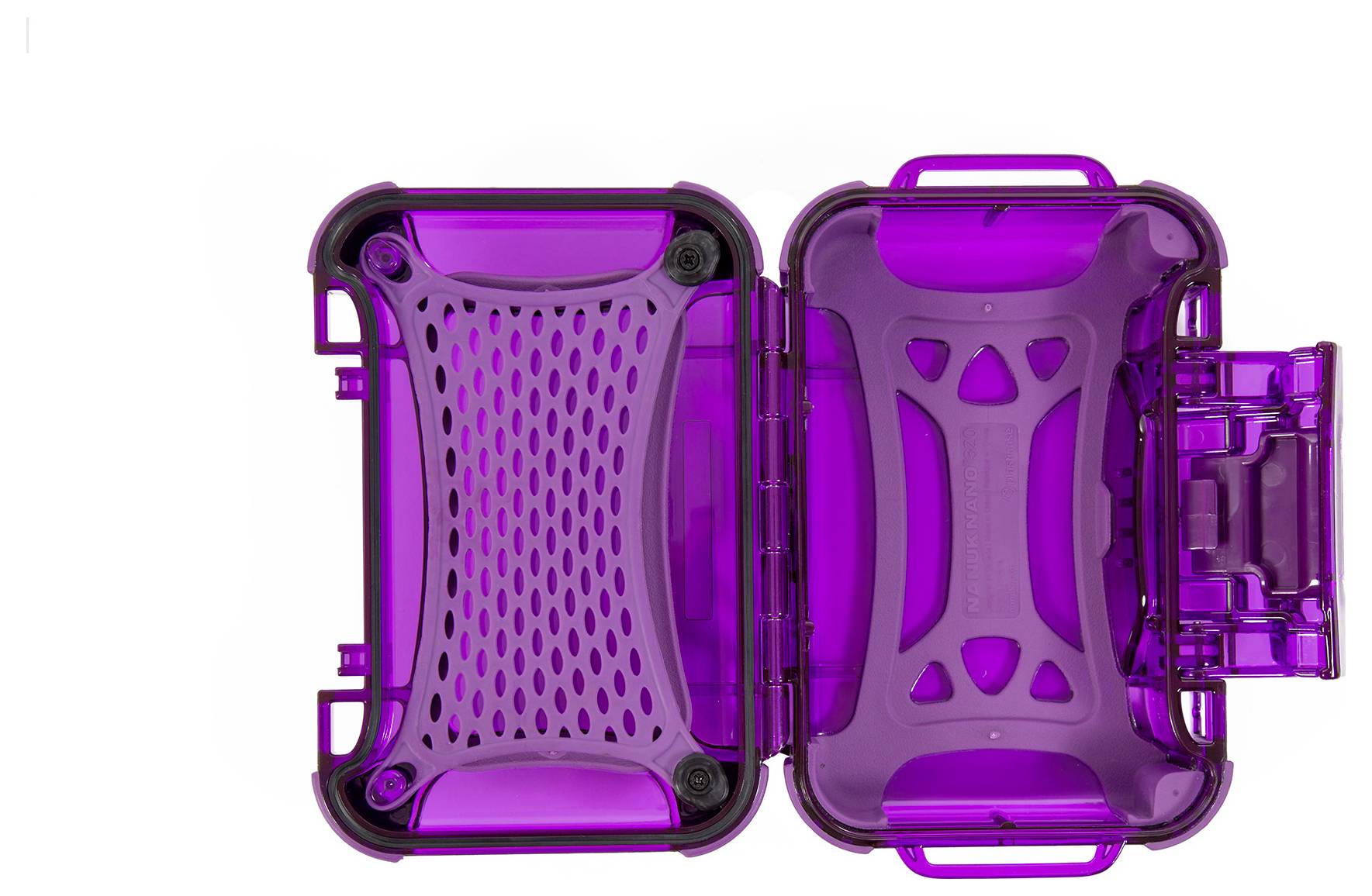 Violette, offene Kunststoffbox mit durchsichtigem Deckel, sieht robust aus und hat eine durchlöcherte Abdeckung. Ideal zur Aufbewahrung.