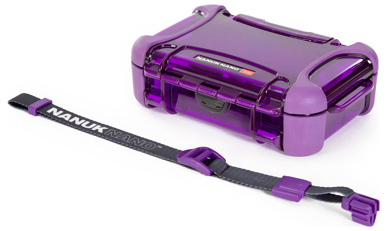 Lila Kunststoffbox mit schwarzem Riemen.