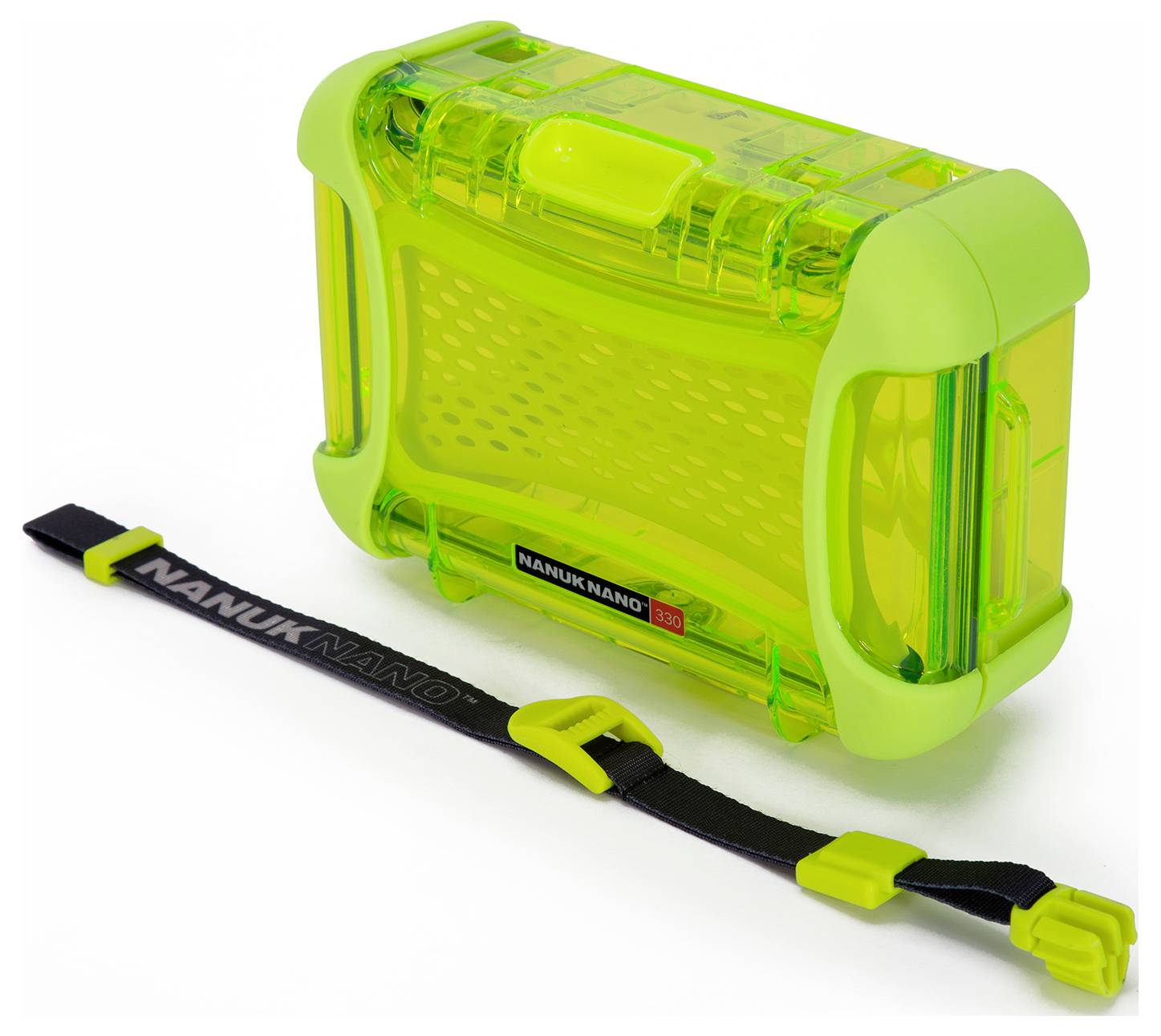 Robustes, transparent-grünes Nanuk-Gehäuse mit schwarzem, verstellbarem Gurt. Ideal zum Schutz kleiner Gegenstände.