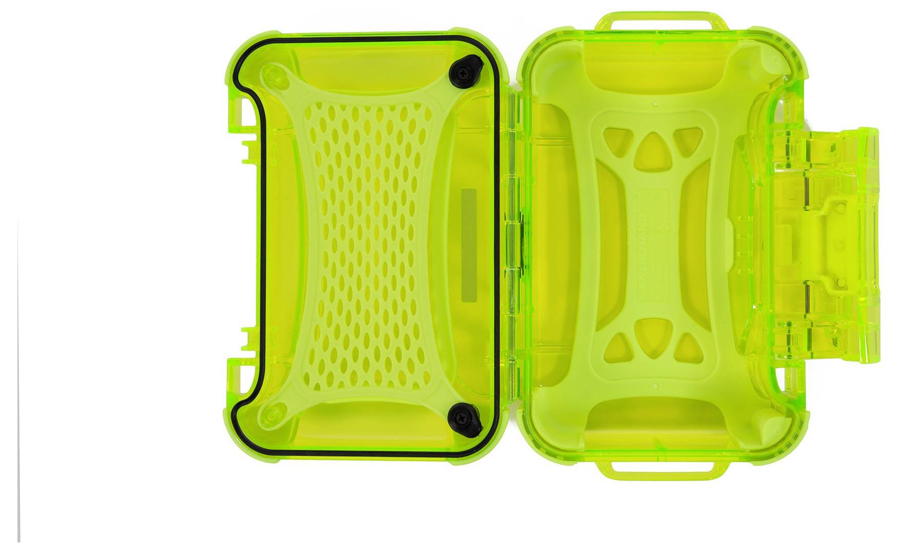 Einhellgrünes, offenes Plastiketui mit internen Netzeinlagen auf der linken Seite, geeignet zur Aufbewahrung kleiner Gegenstände.