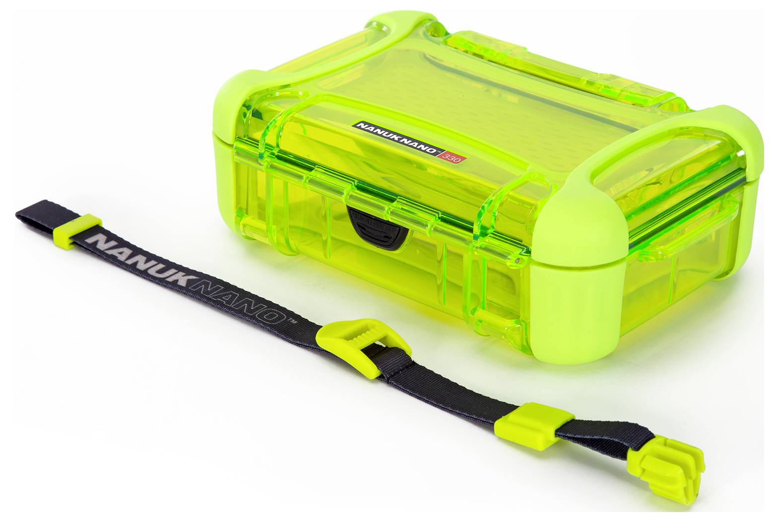 Ein leuchtend grünes Aufbewahrungsetui mit einem schwarzen, abnehmbaren Riemen.