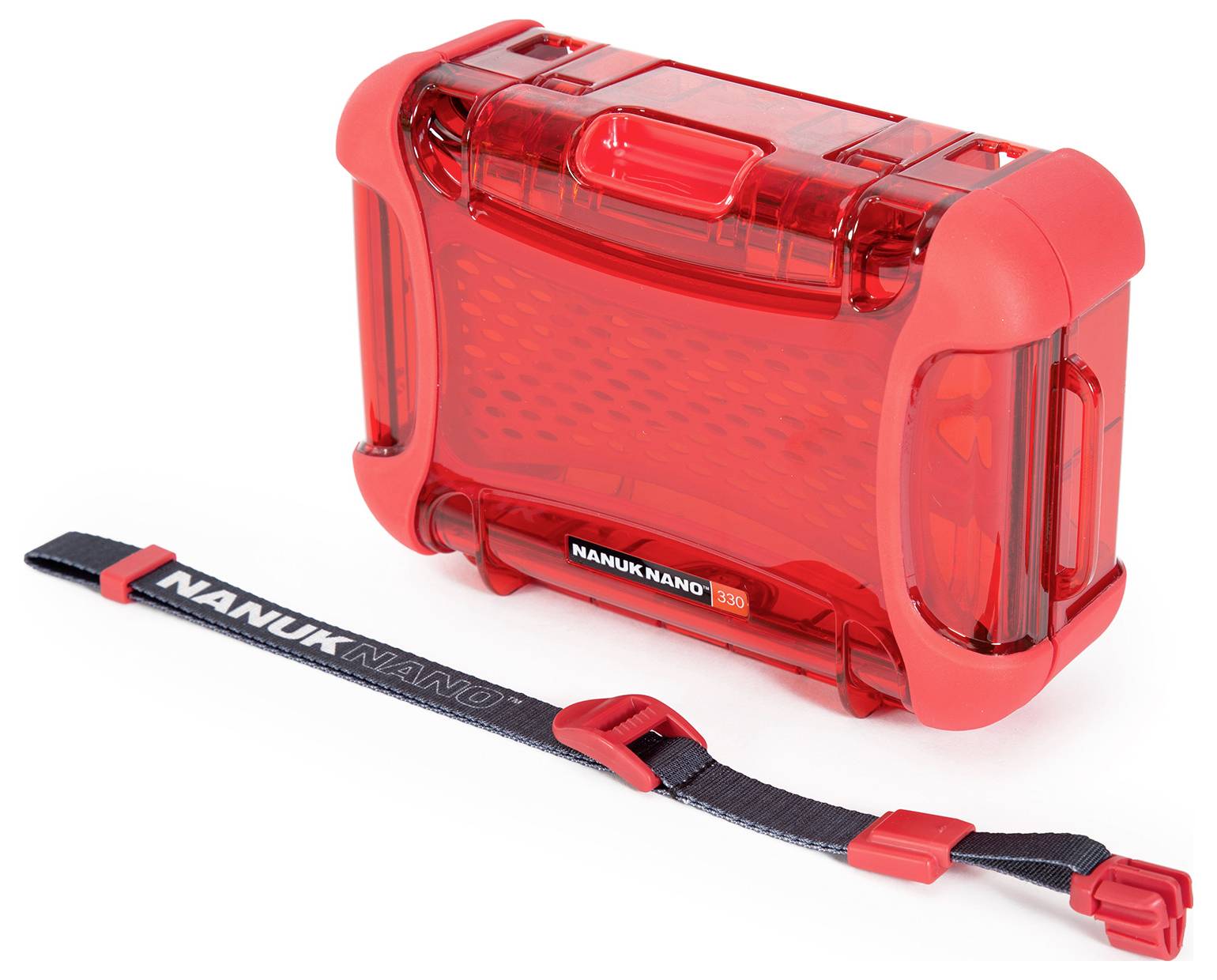 Rote, robuste Kunststoffbox mit dem Aufdruck 'NANUK NANO 330'. Daneben ein schwarzes Trageband.