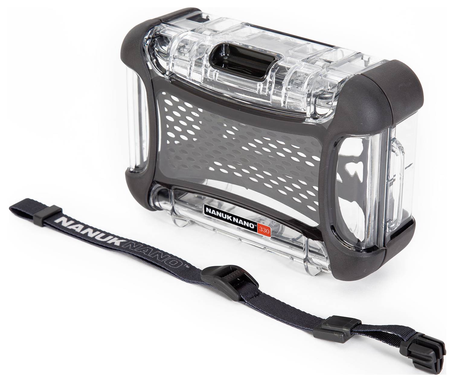 Transparente Kunststoffbox mit schwarzem Rahmen und Design, versehen mit einem 'Nanuk' Logo und einem schwarzen Trageriemen.