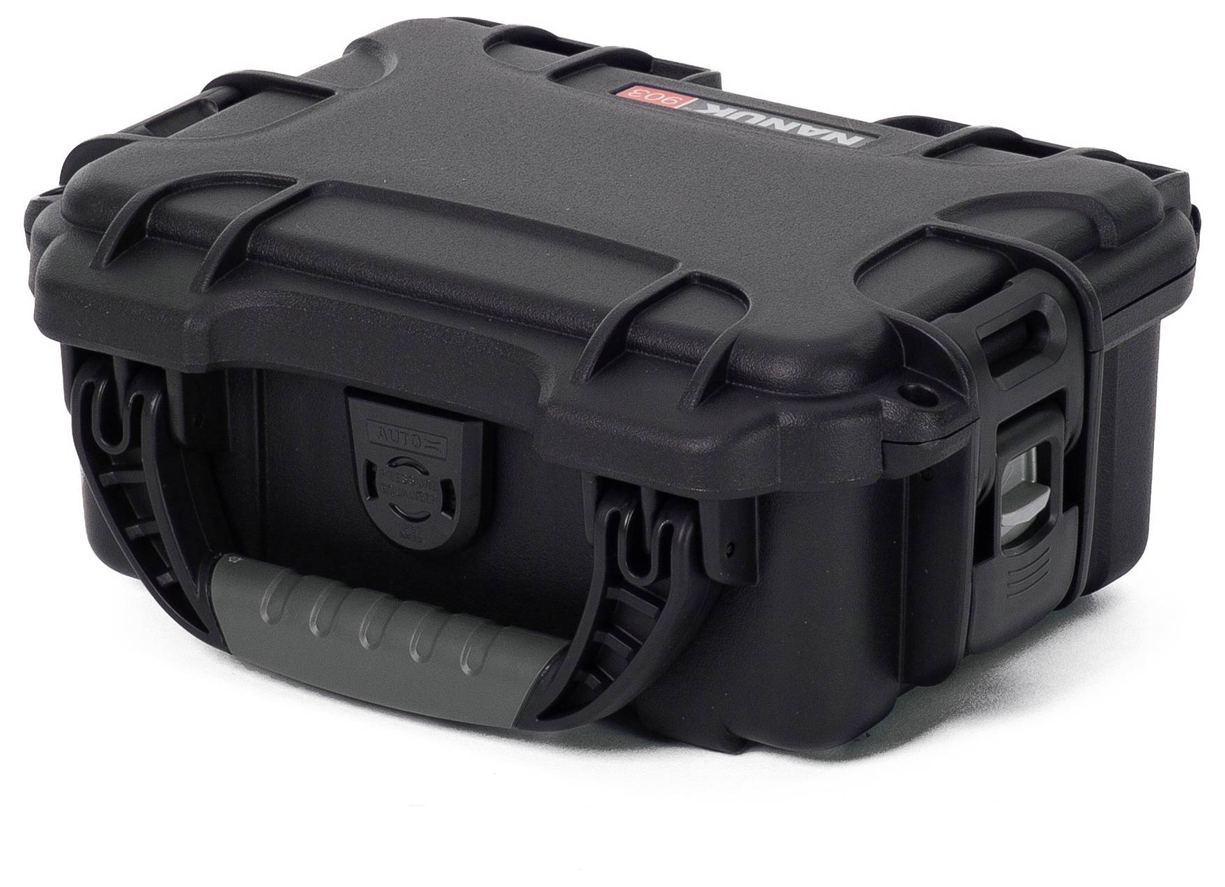 Schwarzer, robuster Kunststoffkoffer mit Griff und Verschlüssen, geeignet für sicheren Transport oder Lagerung empfindlicher Gegenstände.