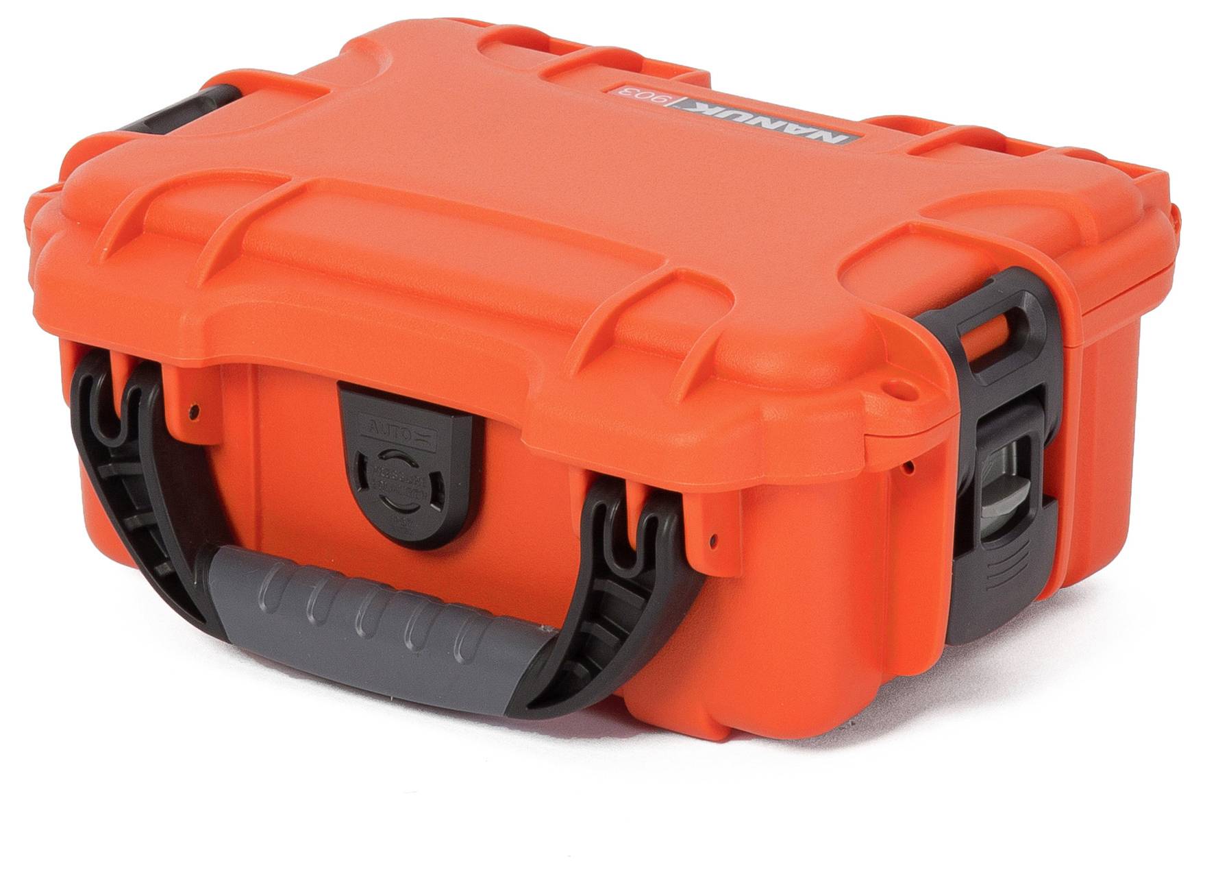 Orangefarbener, robuster Koffer mit schwarzem Griff und Verschlüssen, geeignet für den sicheren Transport empfindlicher Gegenstände.