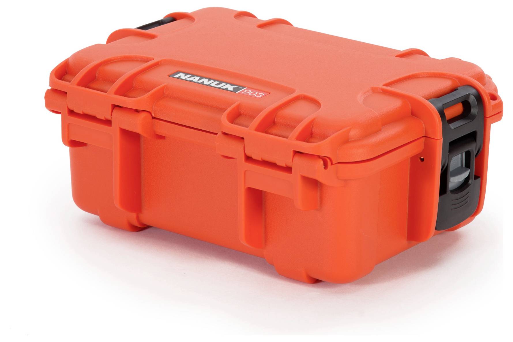 Robuster, oranger Schutzkoffer mit schwarzem Verschluss, geeignet für Transport empfindlicher Ausrüstung.