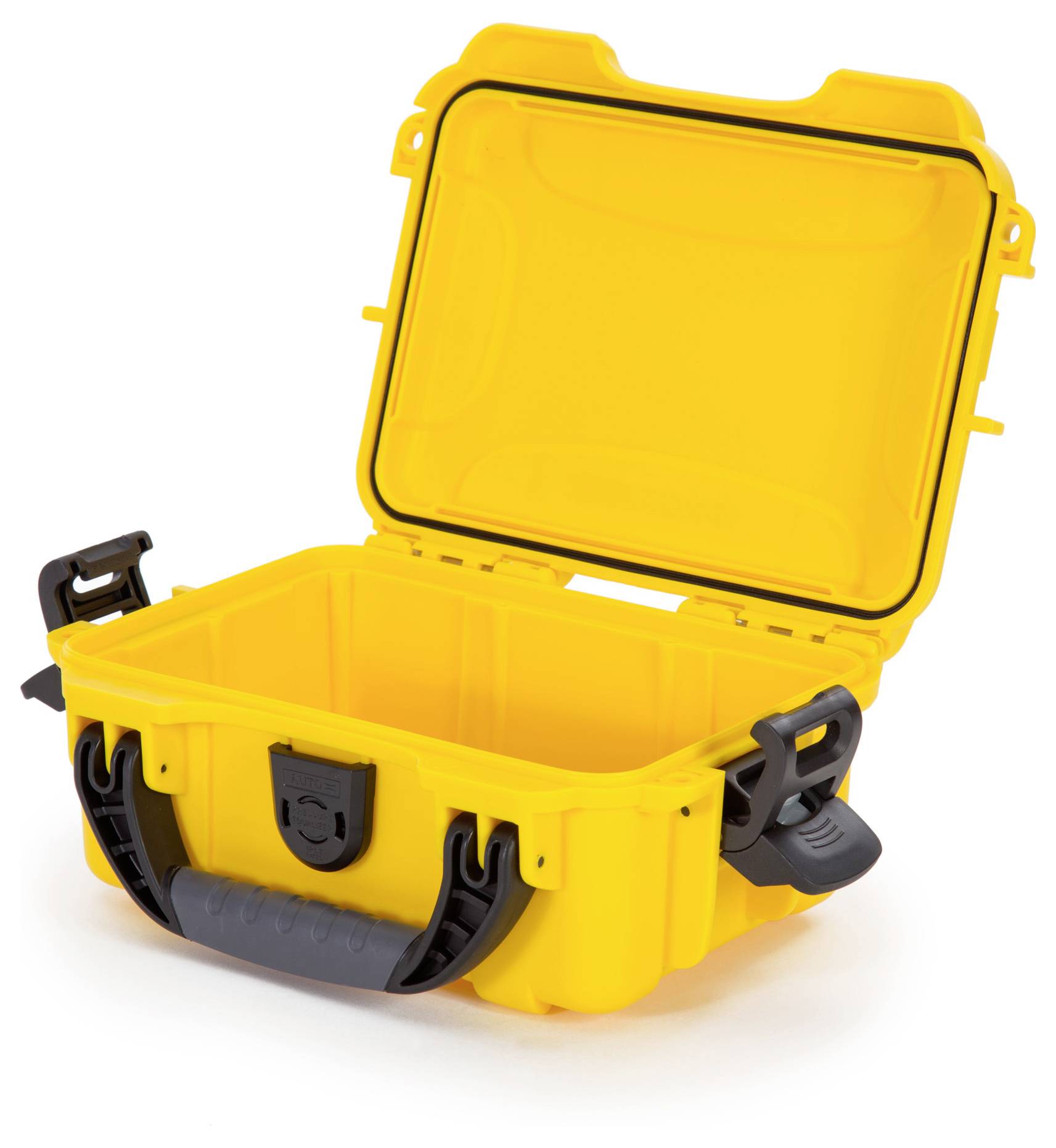 Gelber, robuster Kunststoffkoffer mit offenem Deckel und schwarzem Griff. Ideal für das sichere Transportieren von empfindlichen Gegenständen.
