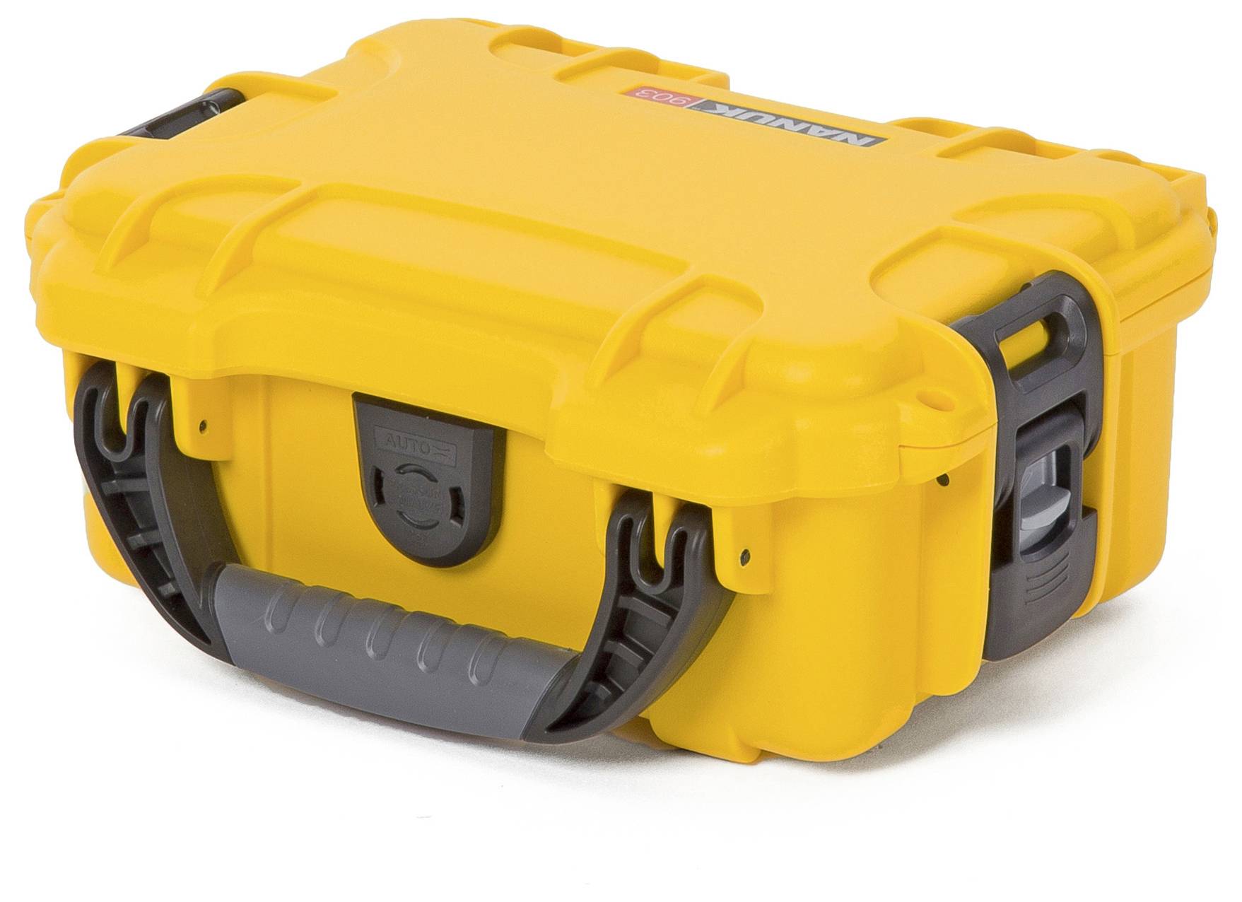 Gelber, robuster Koffer mit schwarzem Griff und Verschluss. Geeignet für den sicheren Transport empfindlicher Gegenstände.