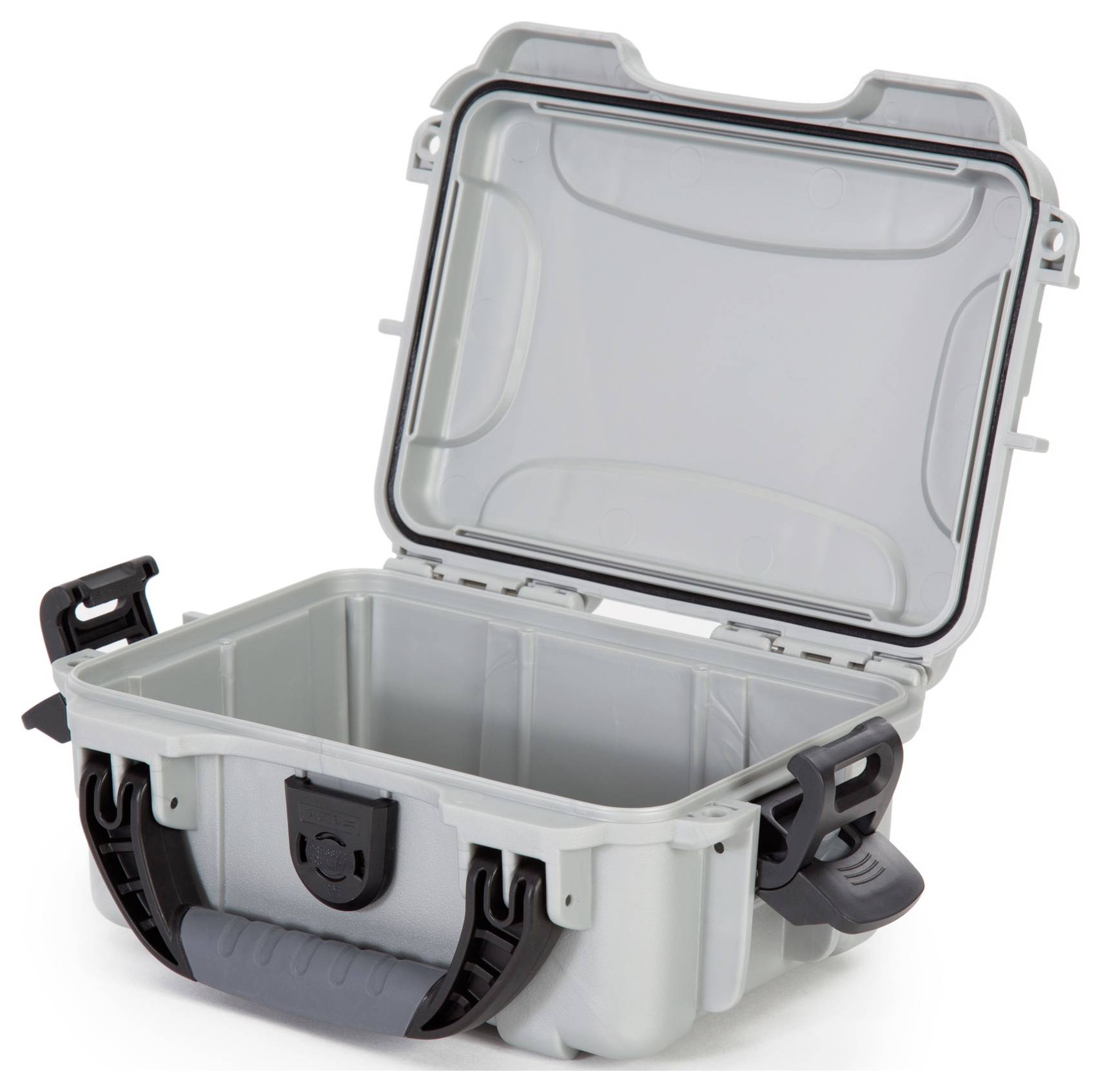 Wasser- und staubdichter grauer Schutzkoffer aus Kunststoff mit offenem Deckel, ideal für Transport von empfindlichen Geräten.