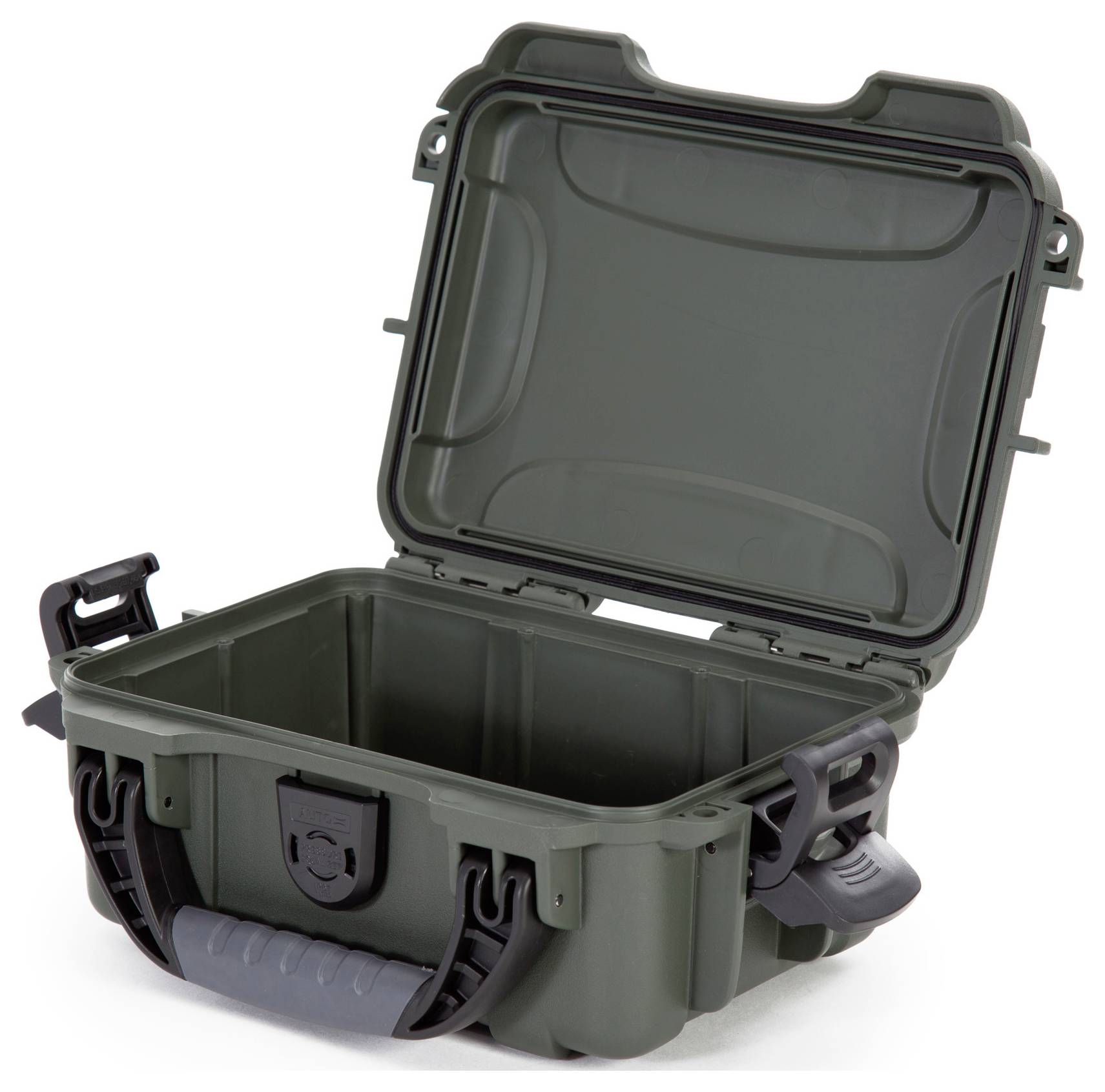 Ein geöffneter, leerer, grauer Hartschalenkoffer mit Tragegriff, der zum Schutz von empfindlichen Gegenständen verwendet wird.