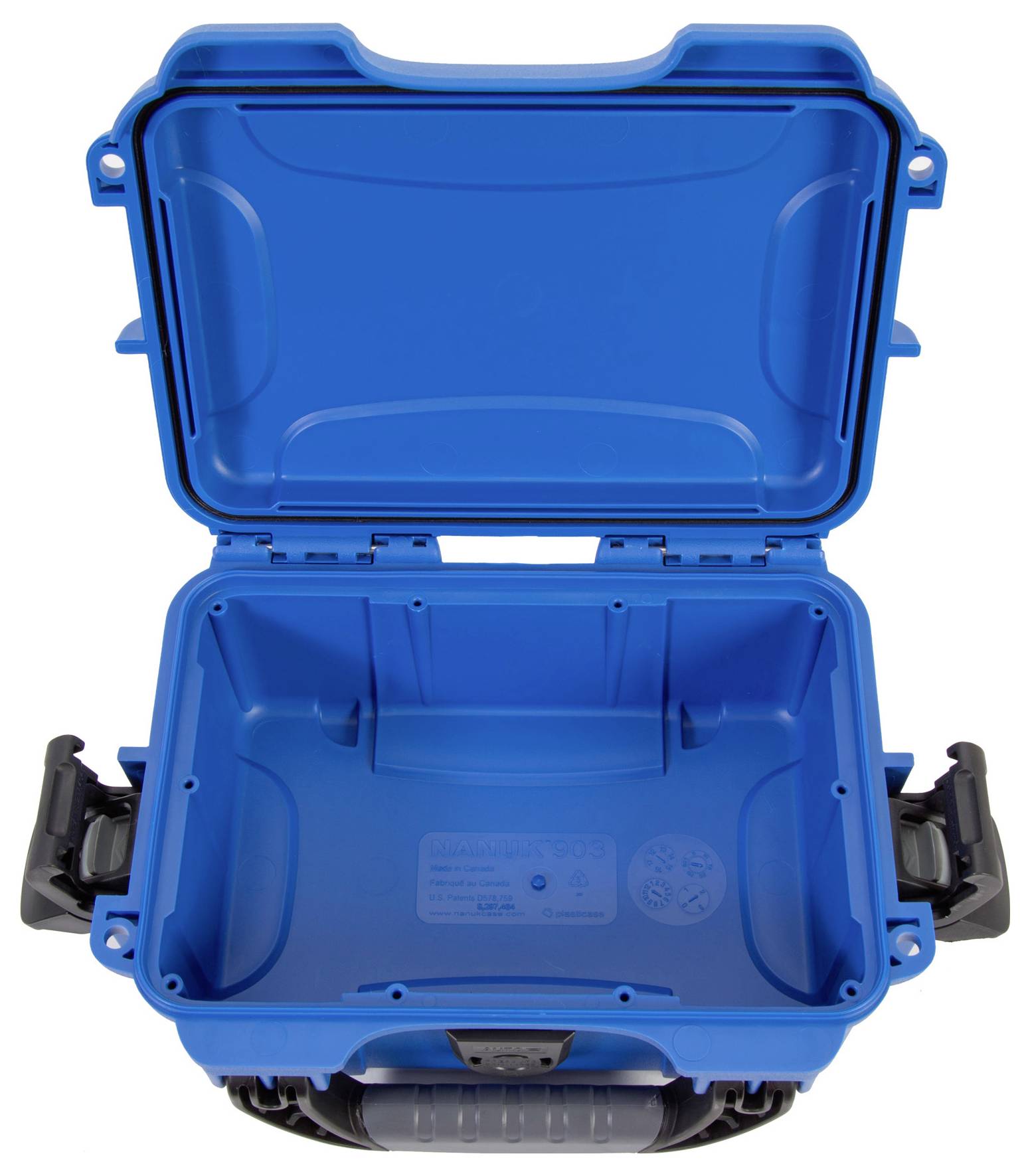 Blauer Schutzkoffer, geöffnet, mit robustem Design, geeignet für sichere Aufbewahrung und Transport empfindlicher Geräte.