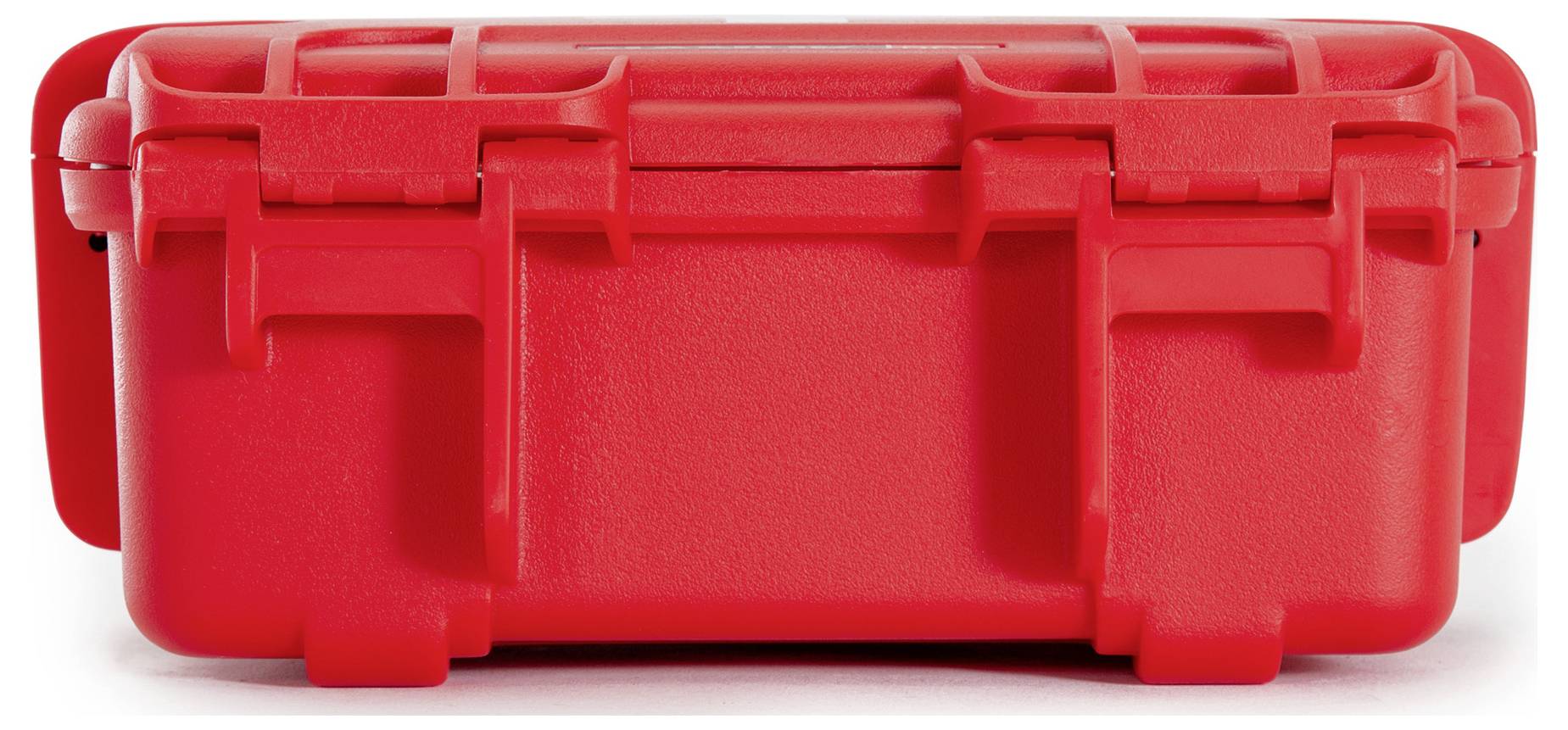 Rote, stabile Kunststoffbox mit Verschlüssen; geeignet für die sichere Aufbewahrung oder den Transport empfindlicher Gegenstände.