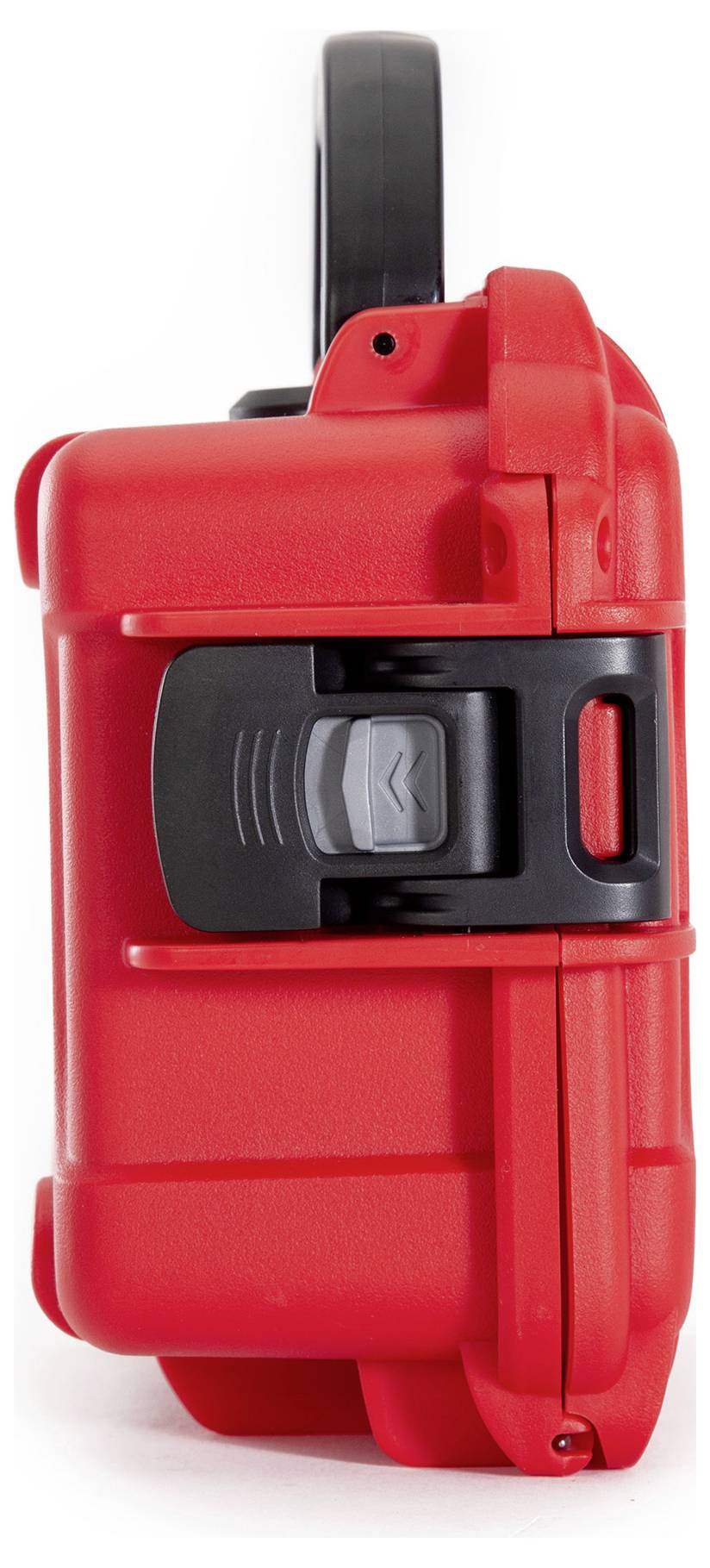 Roter Hartschalenkoffer mit schwarzem Verschluss und Griff.