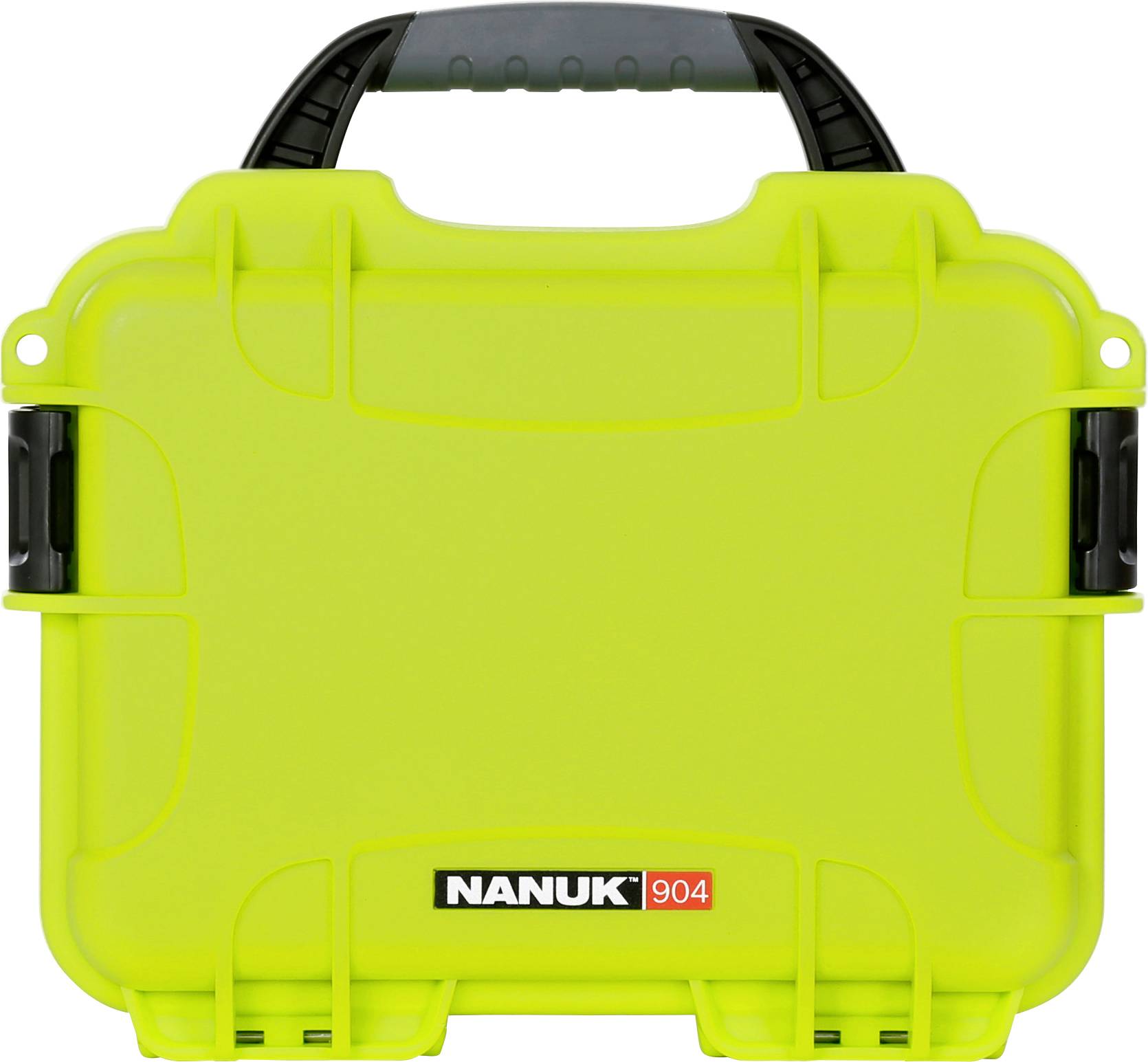 Leuchtend gelber, robuster Koffer mit schwarzem Griff, Vorderansicht. Markenname 'NANUK 904' auf der Vorderseite sichtbar.