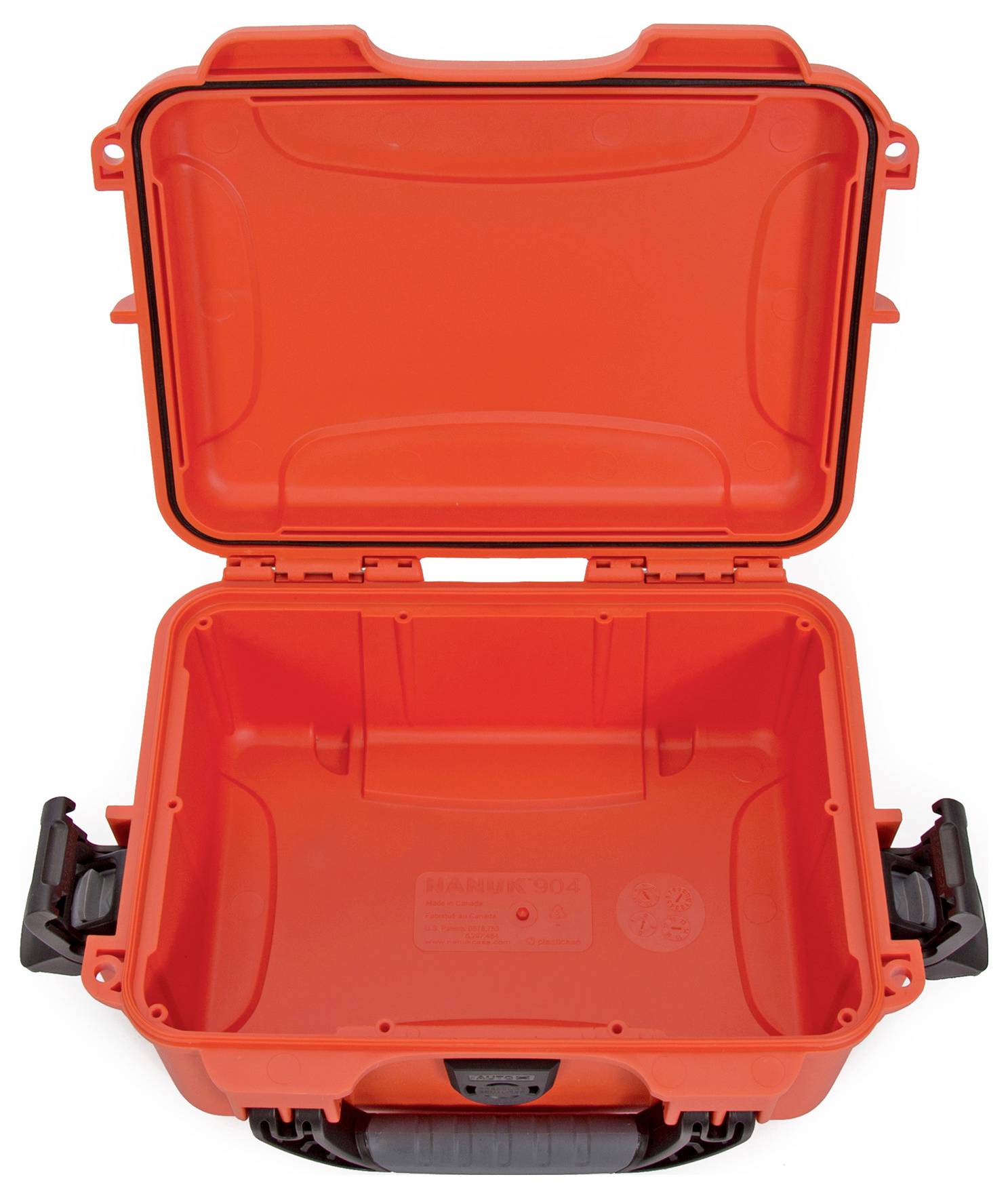 Offener, leerer, orangefarbener Schutzkoffer mit schwarzen Griffen. Ideal für den sicheren Transport sensibler Ausrüstungsgegenstände.