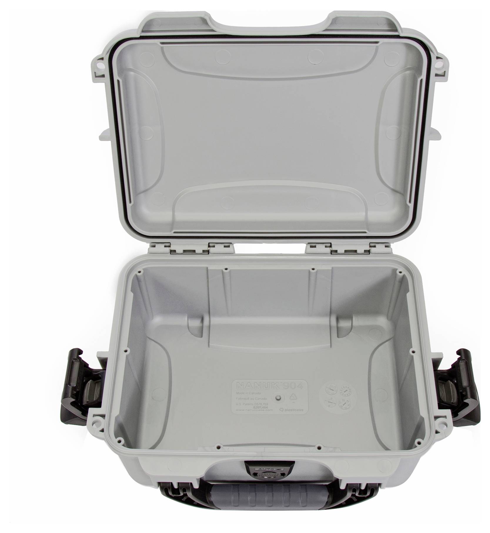 Ein offener grauer Schutzkoffer mit robustem Griff und verstärkten Ecken, geeignet für sichere Aufbewahrung und Transport empfindlicher Gegenstände.