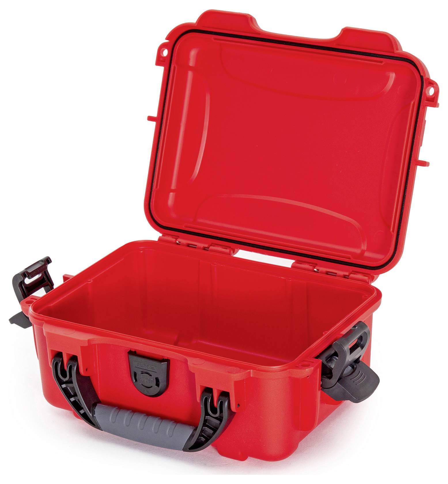 Ein offener roter Schutzkoffer mit schwarzem Griff und Verschlüssen, geeignet zum Transport empfindlicher Gegenstände.