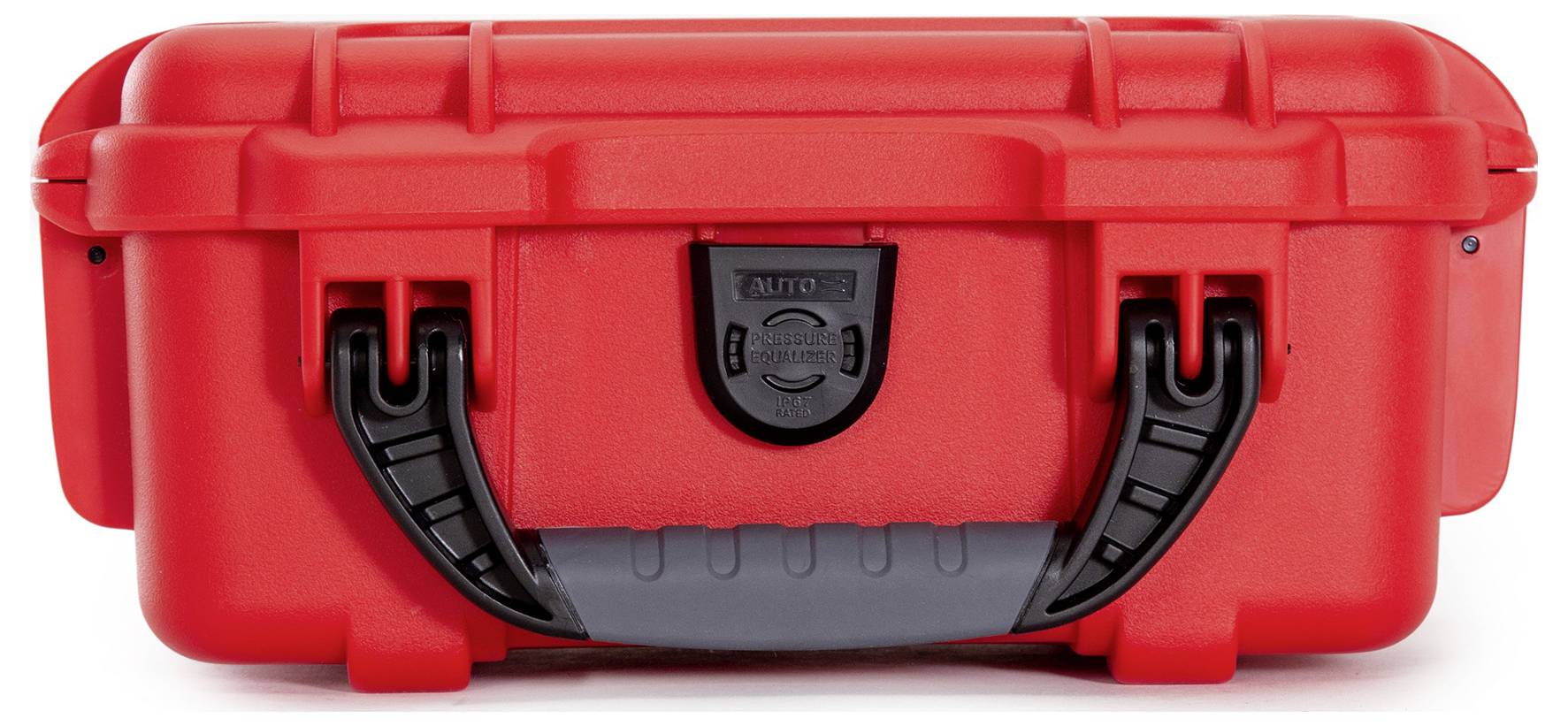 Roter Hartschalenkoffer mit schwarzem Griff und Schnappverschluss, geeignet für den sicheren Transport empfindlicher Geräte.