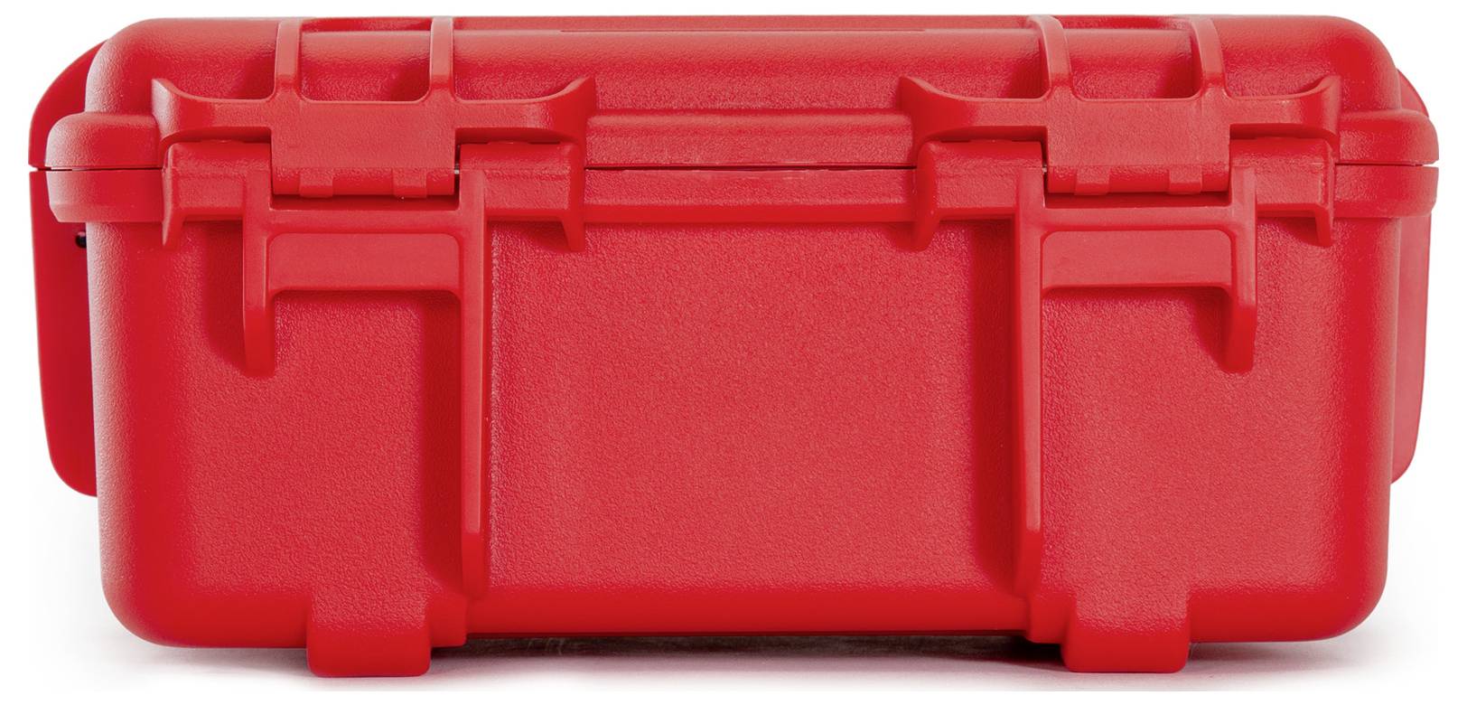 Ein roter, robuster Aufbewahrungskoffer mit Verschlüssen an den Seiten, geeignet für den sicheren Transport von empfindlichen Gegenständen.