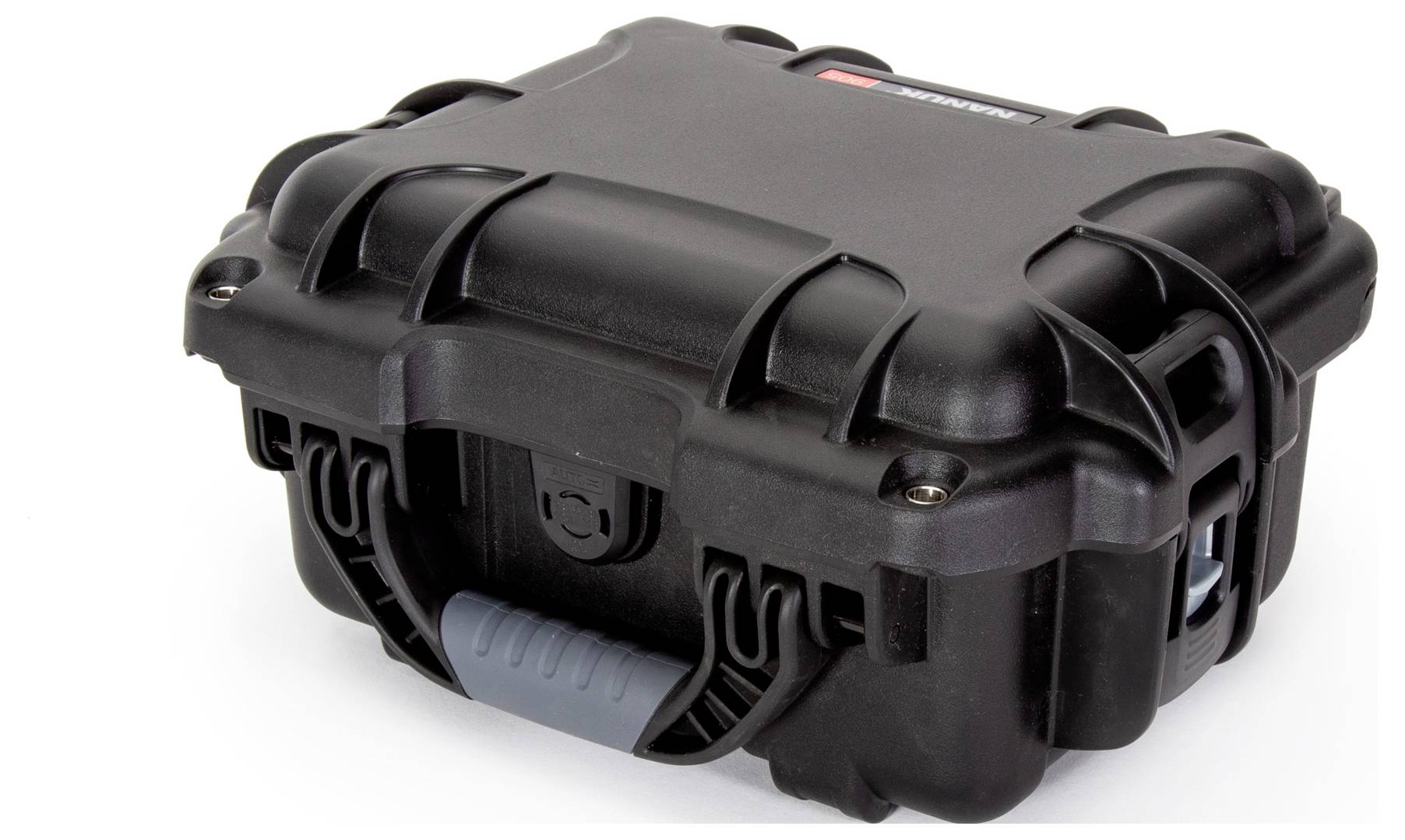 Robuste, schwarze Hartschalentasche mit grauem Griff, ideal zum sicheren Transport empfindlicher Ausrüstung.