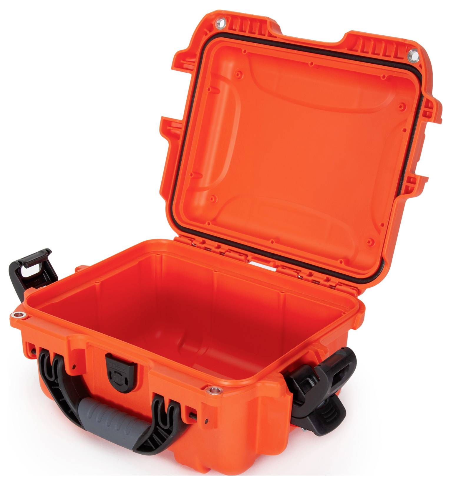 Oranger, geöffneter, robuster Schutzkoffer mit schwarzem Griff und Verschlüssen, geeignet für den sicheren Transport elektronischer Geräte.