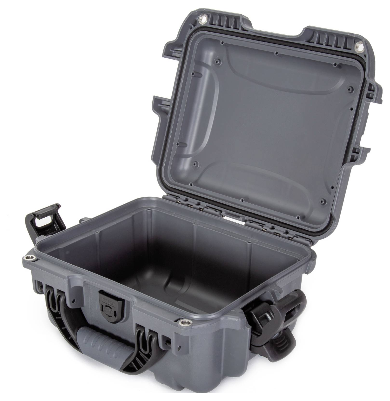 Grauer, offener Kunststoffkoffer mit verstärkten Ecken und Verschlüssen; geeignet zur sicheren Aufbewahrung von empfindlichen Gegenständen.
