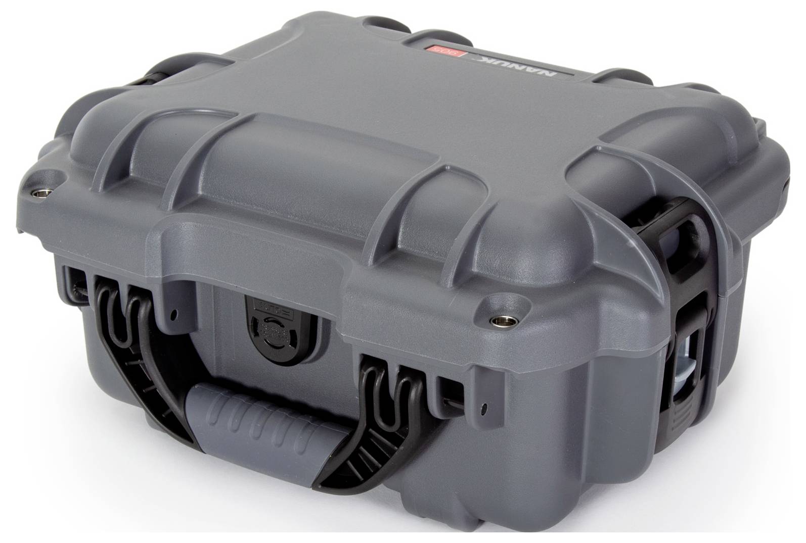 Grauer, robuster Kunststoffkoffer mit Griff und Schnallenverschluss, geeignet für sicheren Transport und Schutz von empfindlichem Inhalt.