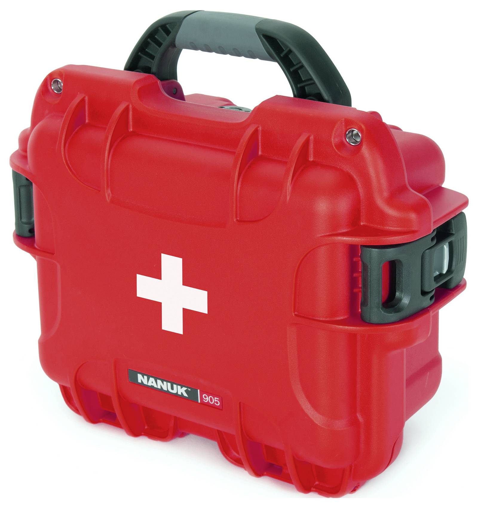 Roter Erste-Hilfe-Koffer mit weißem Kreuz, robustes Gehäuse und Tragegriff, geeignet für medizinische Notfallausrüstung.