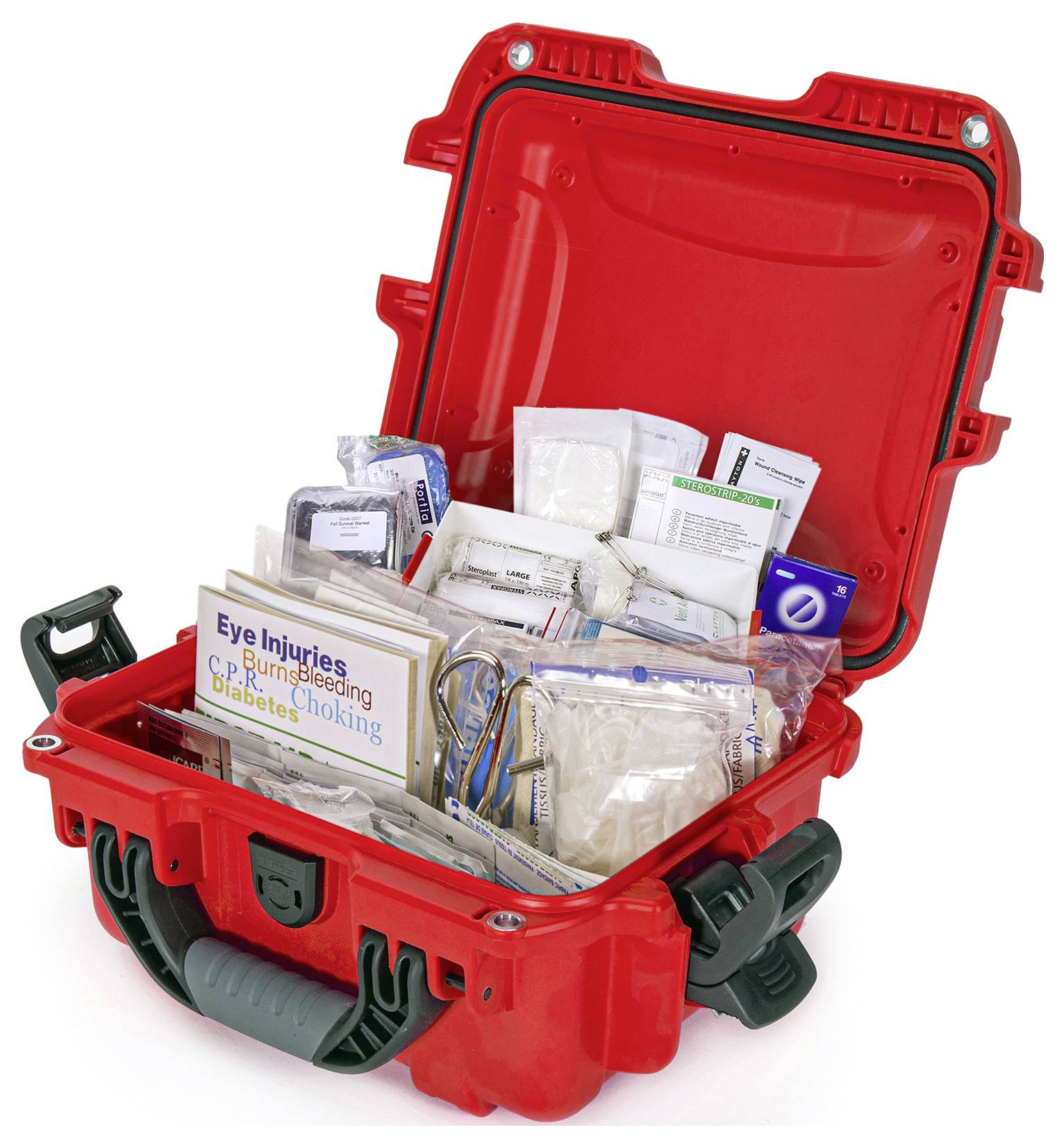 Erste-Hilfe-Kasten offen, gefüllt mit verschiedenen medizinischen Produkten und Broschüren zu Augenverletzungen und anderen Notfällen.