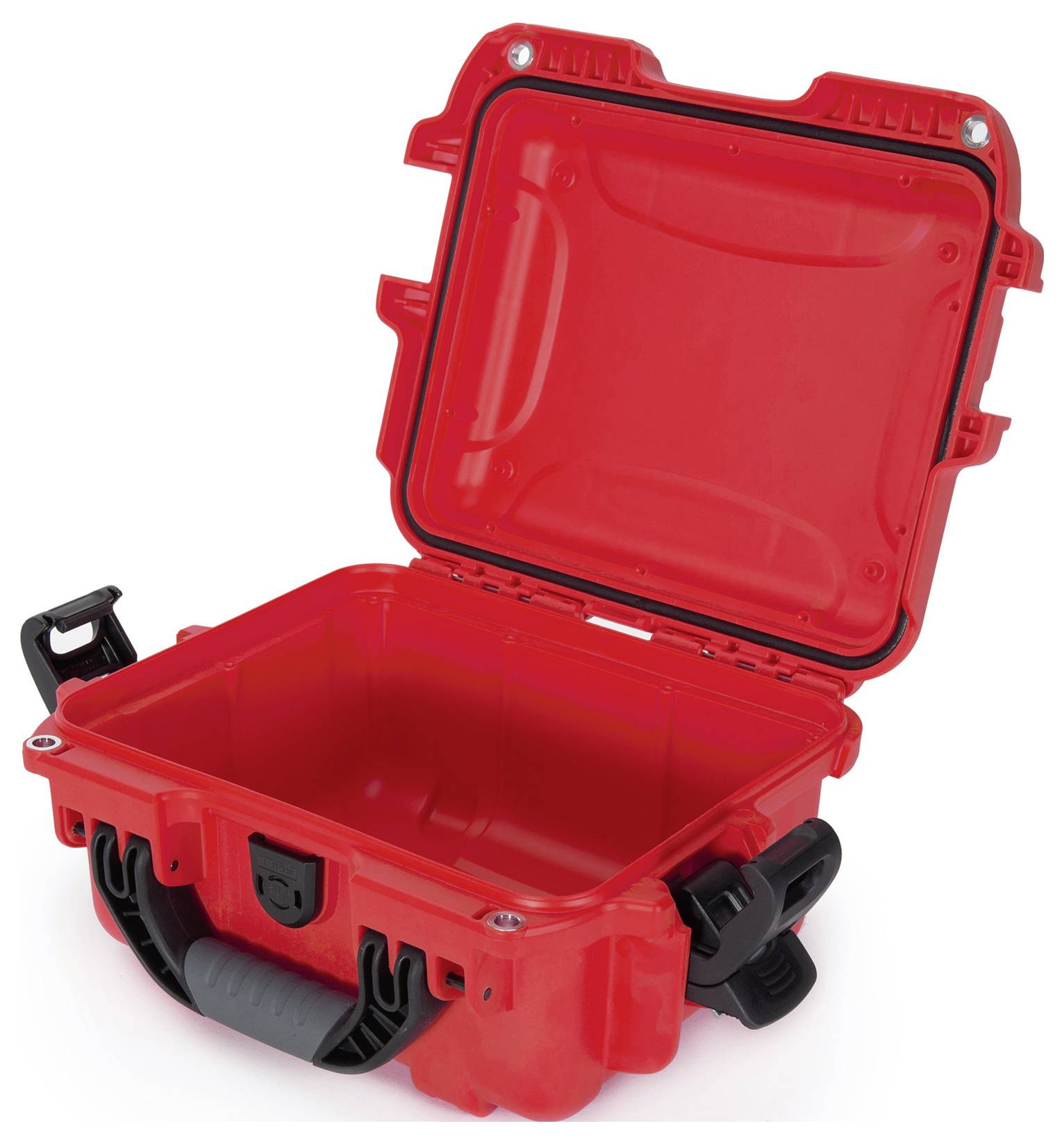Roter, offener Kunststoffkoffer mit Griff und Verschlüssen, bereit zur Aufbewahrung von Gegenständen.