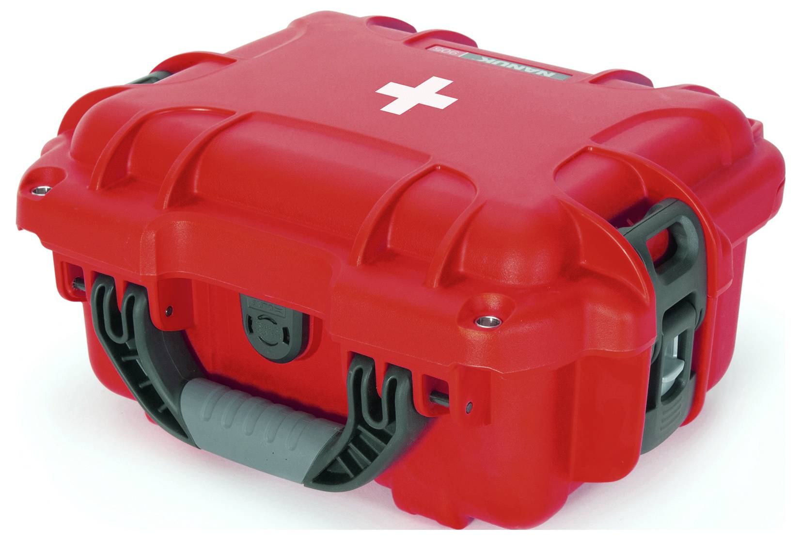 Roter Erste-Hilfe-Koffer mit einem weißen Kreuz auf dem Deckel; robustes Design, geeignet für Notfälle und Outdoor-Aktivitäten.