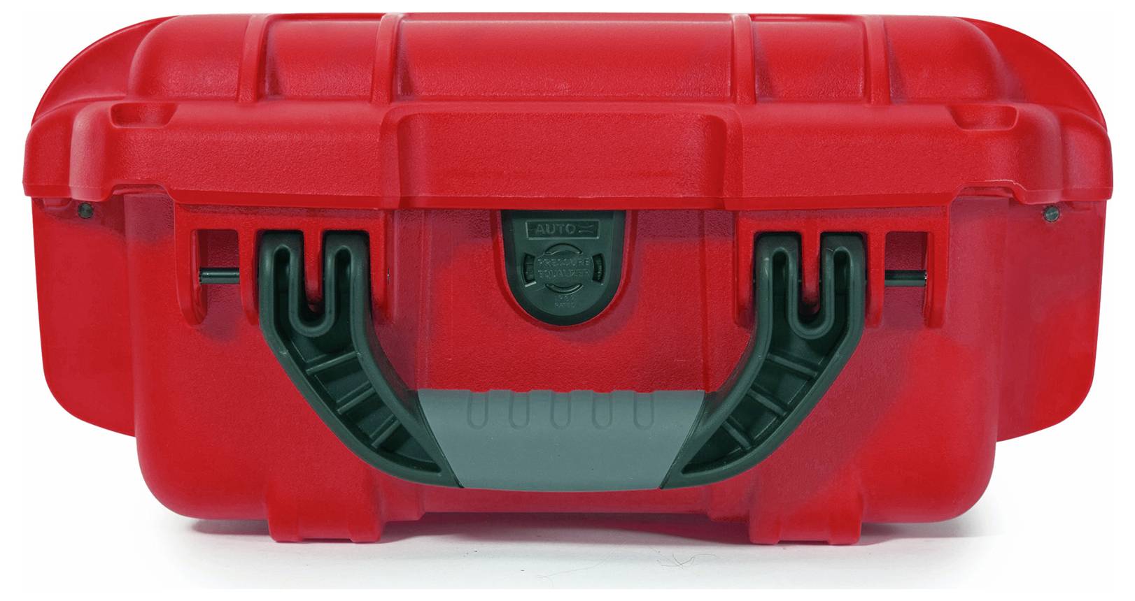 Roter Hartschalenkoffer mit schwarzen Verschlüssen und Griff.