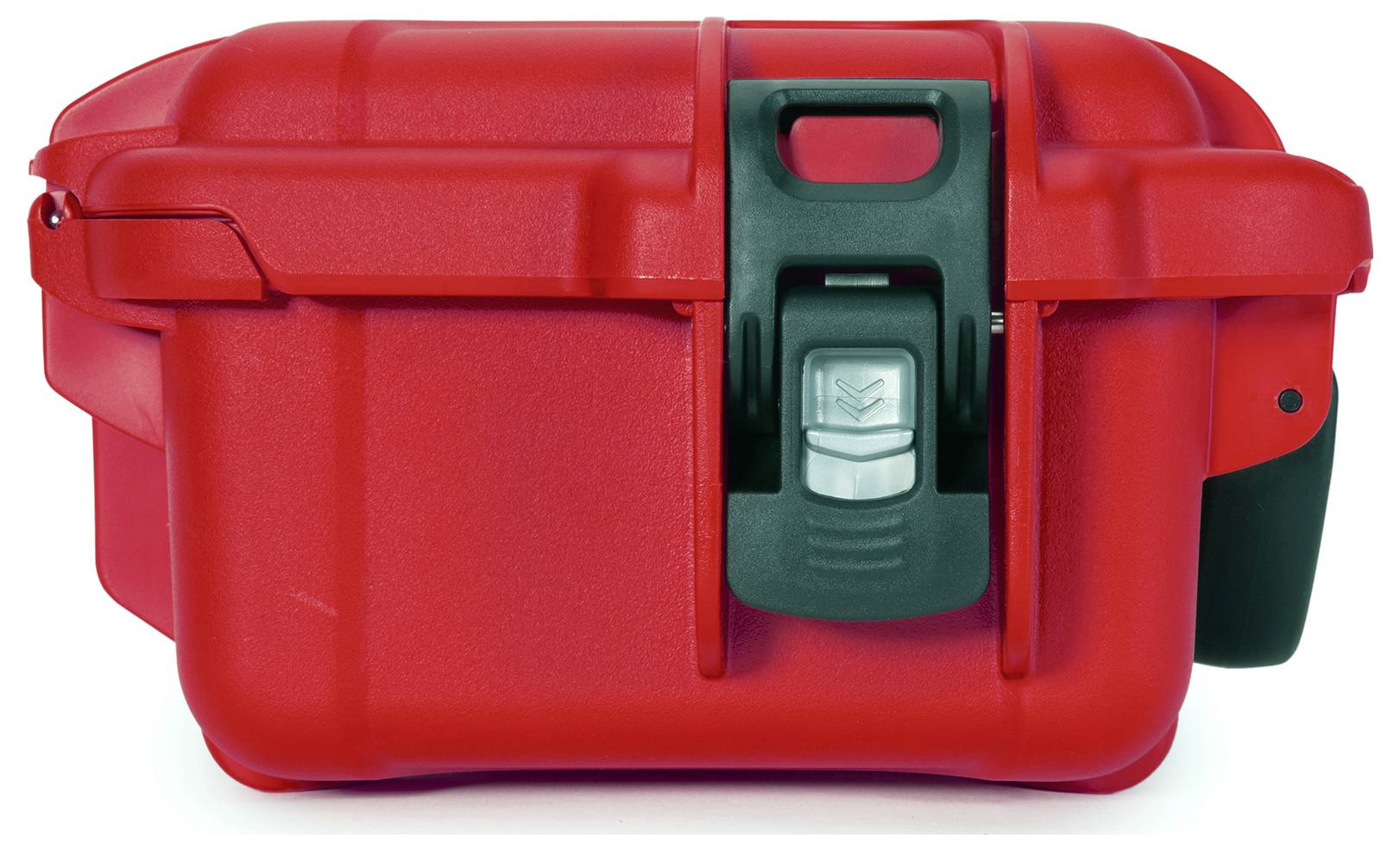 Roter Kunststoffkoffer mit schwarzem Verschluss. Geeignet für sicheren Transport und Aufbewahrung von empfindlichen Gegenständen.