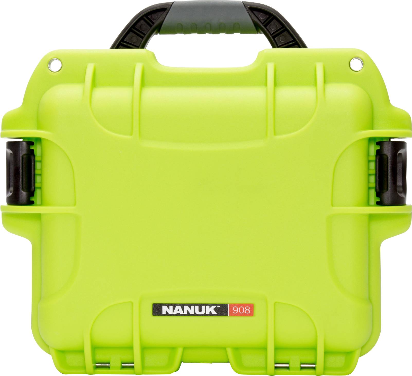 Grüner Koffer mit schwarzem Griff und Verschlüssen, Marke 'Nanuk 908', robust und wasserdicht, geeignet für sicheren Transport.