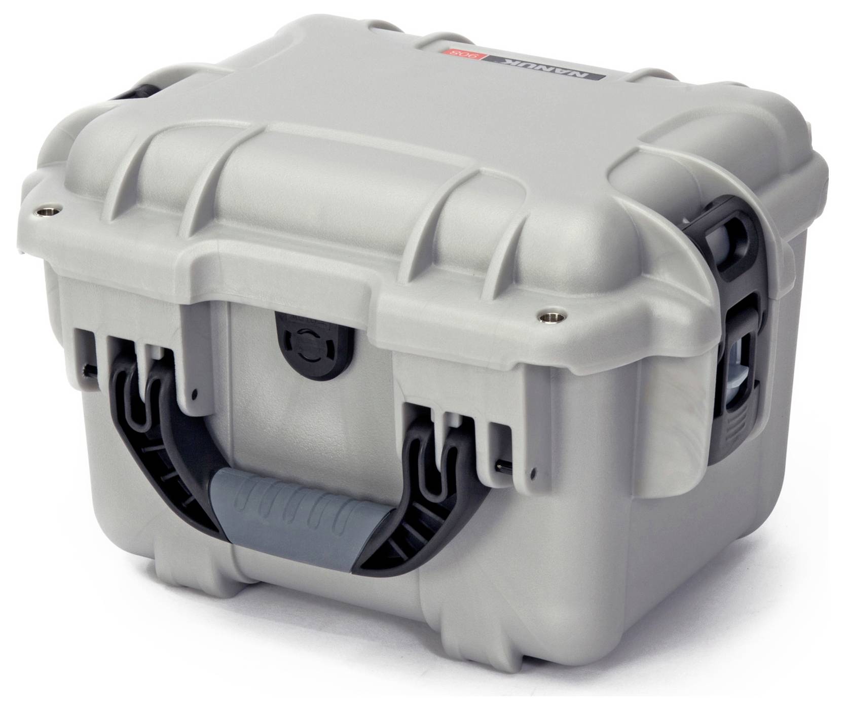 Ein grauer, robuster Schutzkoffer mit abgerundeten Ecken und schwarzem Tragegriff, geeignet zum sicheren Transport empfindlicher Gegenstände.