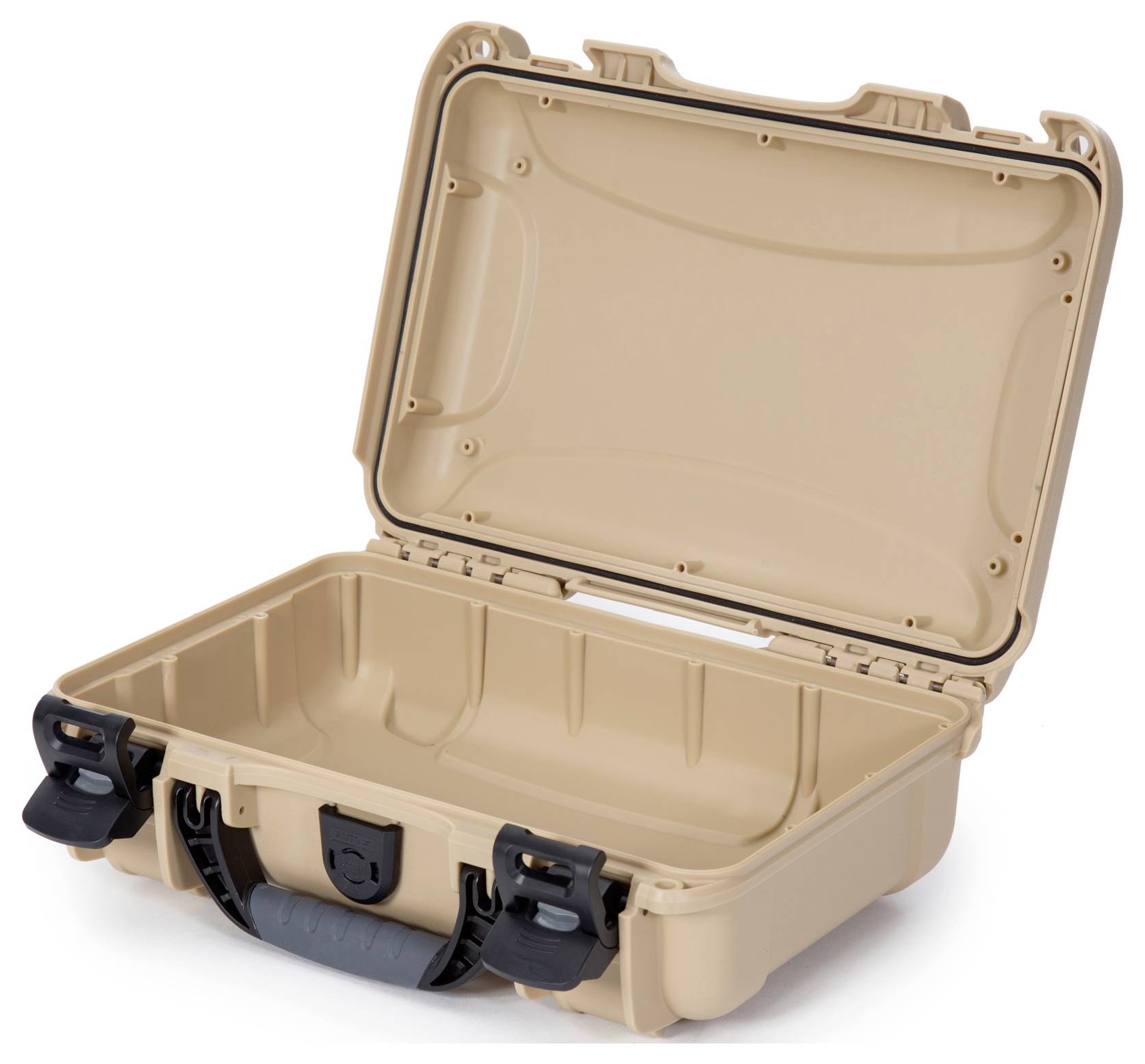 Beiger Hartschalenkoffer, offen, mit stabilem Griff und Verschlüssen. Geeignet für den sicheren Transport empfindlicher Gegenstände.