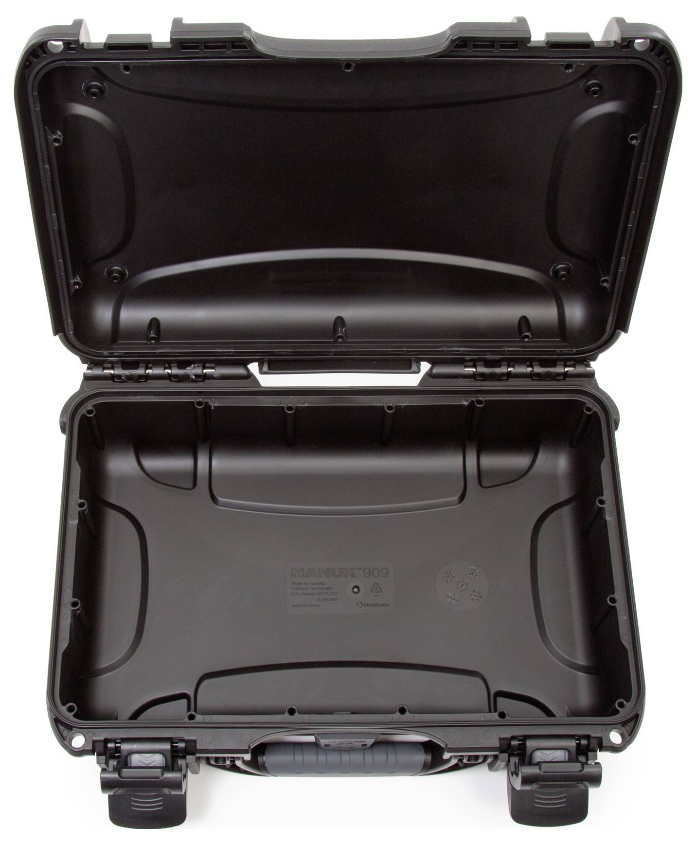 Ein offener schwarzer Hartschalenkoffer ohne Inhalt; ideal zum Schutz und Transport von empfindlichen Gegenständen.