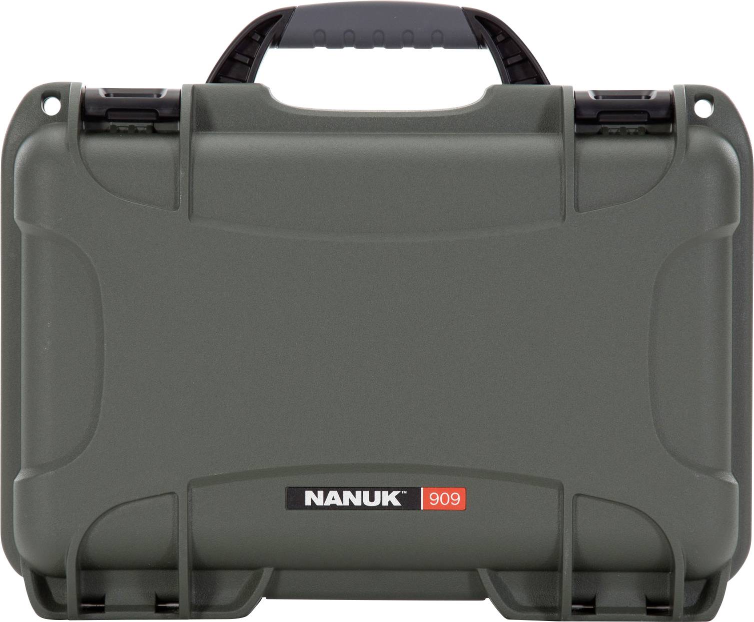 Ein grauer, robuster Schutzkoffer mit dem Schriftzug 'NANUK 909' auf der Vorderseite. Der Koffer hat einen Tragegriff oben.